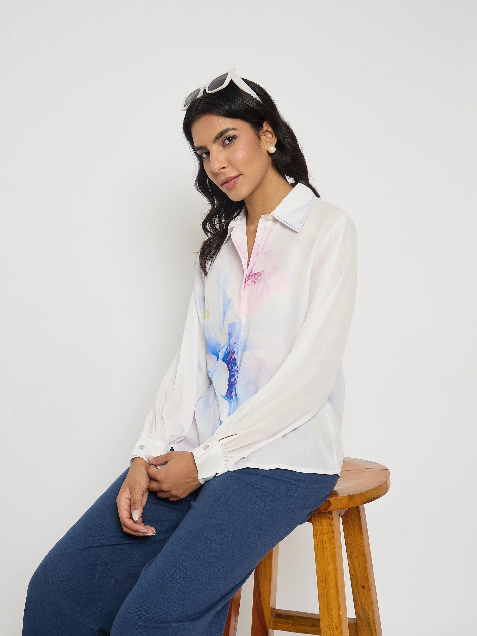 Madame Floral Print Contrast Stiched Collar Off White Shirt Smooth Finish Reinforced Elasticity