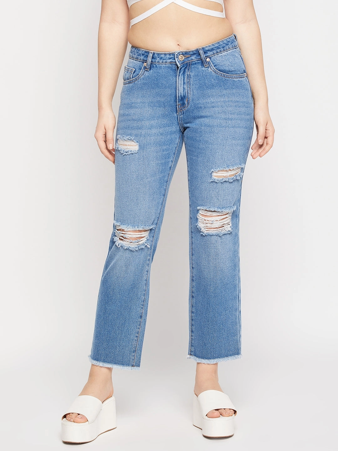 Madame Ripped Mid-Rise Double Wash Cropped Straight Fit Jeans Street Cool Core Layer