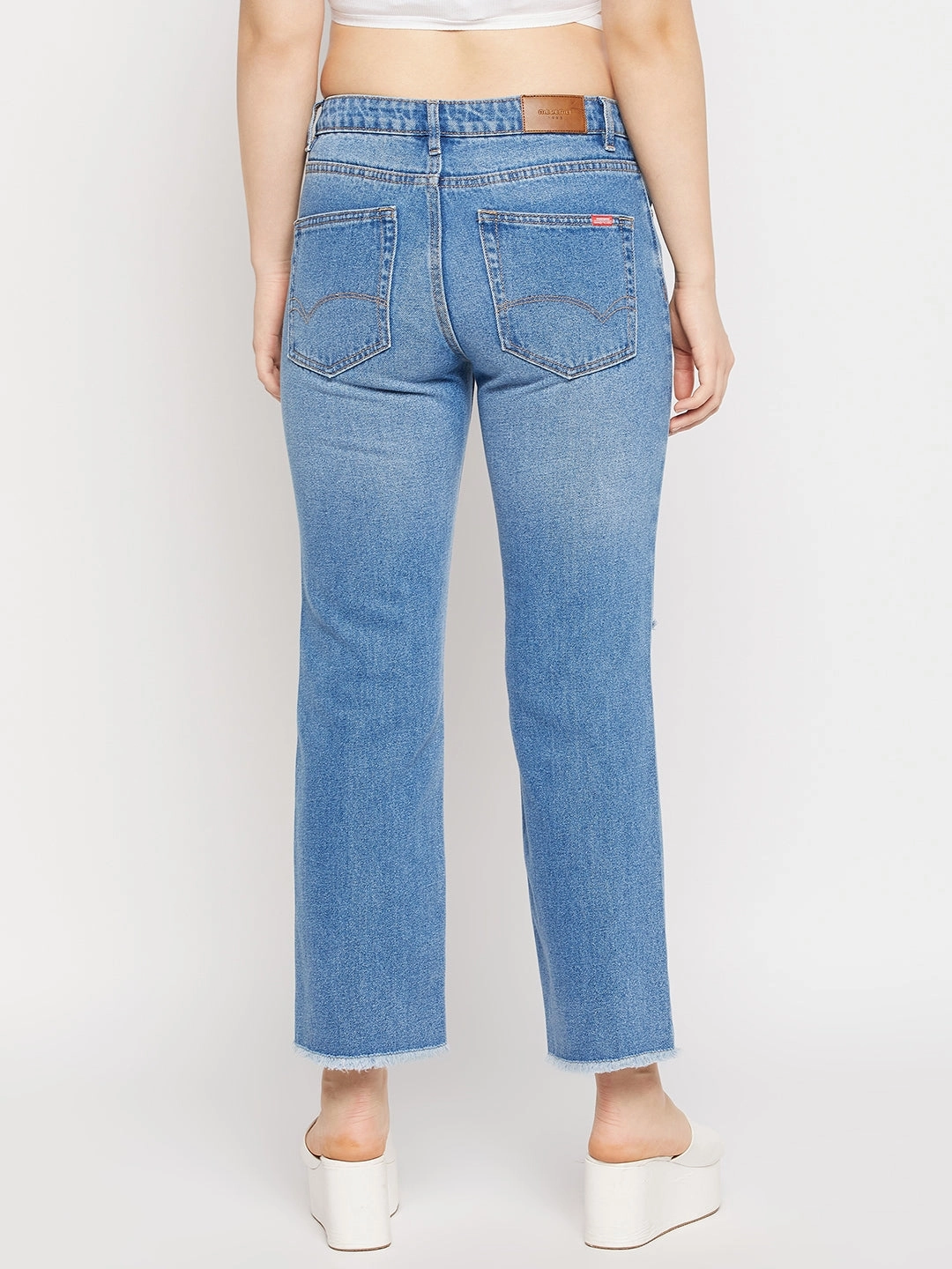 Madame Ripped Mid-Rise Double Wash Cropped Straight Fit Jeans Flattering Waist