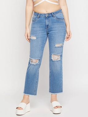 Madame Ripped Mid-Rise Double Wash Cropped Straight Fit Jeans Street Cool Core Layer