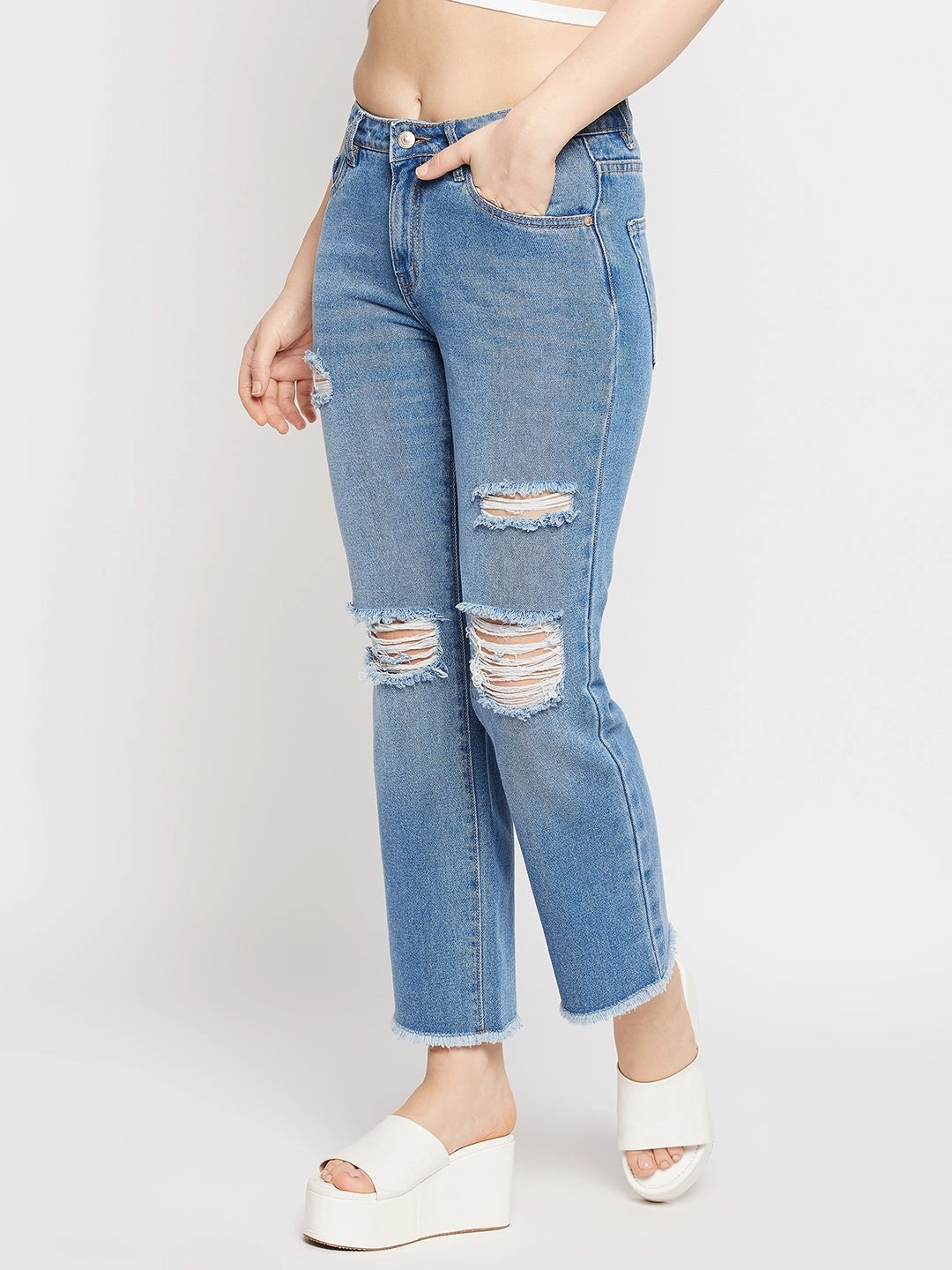 Madame Ripped Mid-Rise Double Wash Cropped Straight Fit Jeans Party Look Modern Minimalist Fit Ready