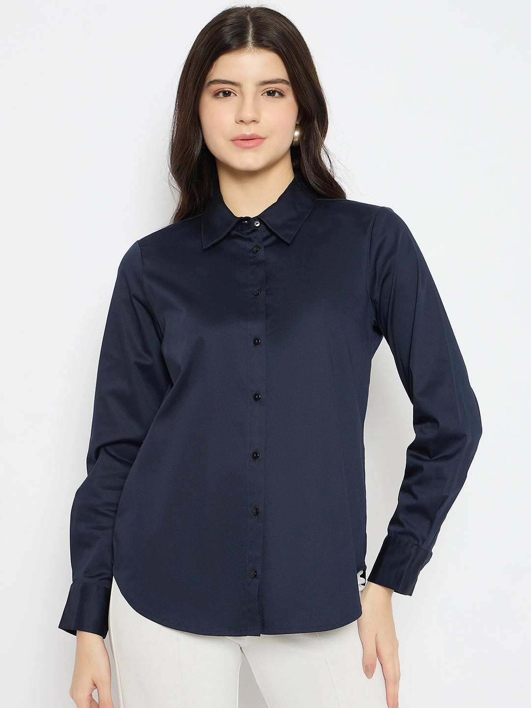 Must-Have Item Active Design Madame Navy Blue Cotton Blend Shirt