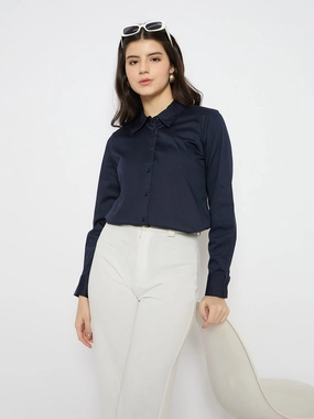 Madame Navy Blue Cotton Blend Shirt Layering Piece