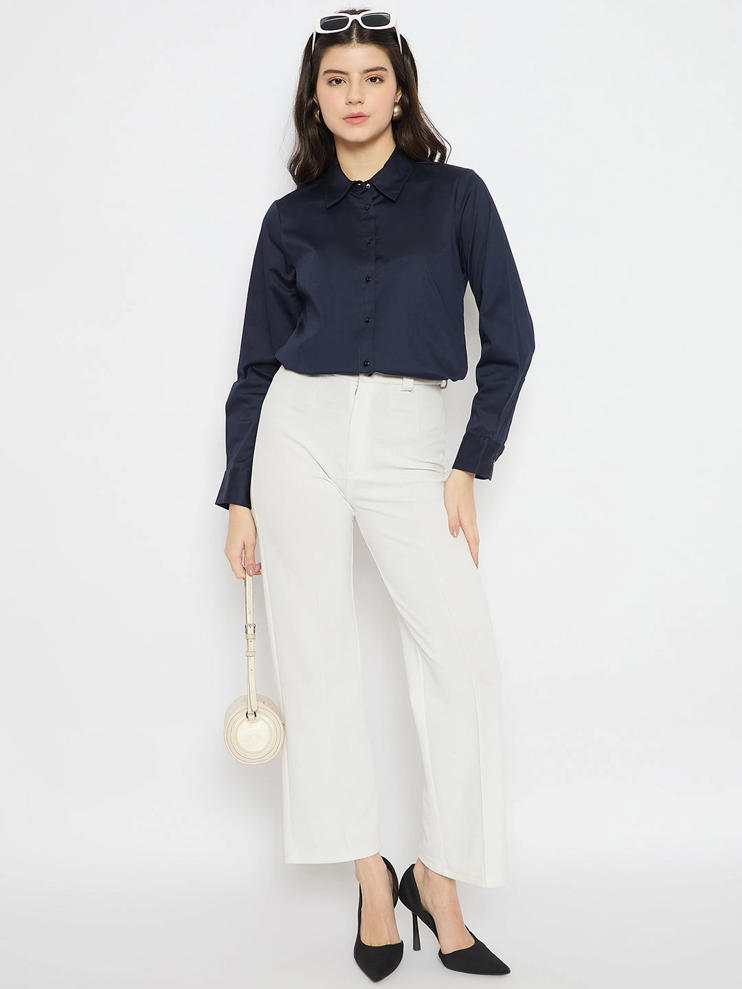 Madame Navy Blue Cotton Blend Shirt Soft touch finish Tailored Fit