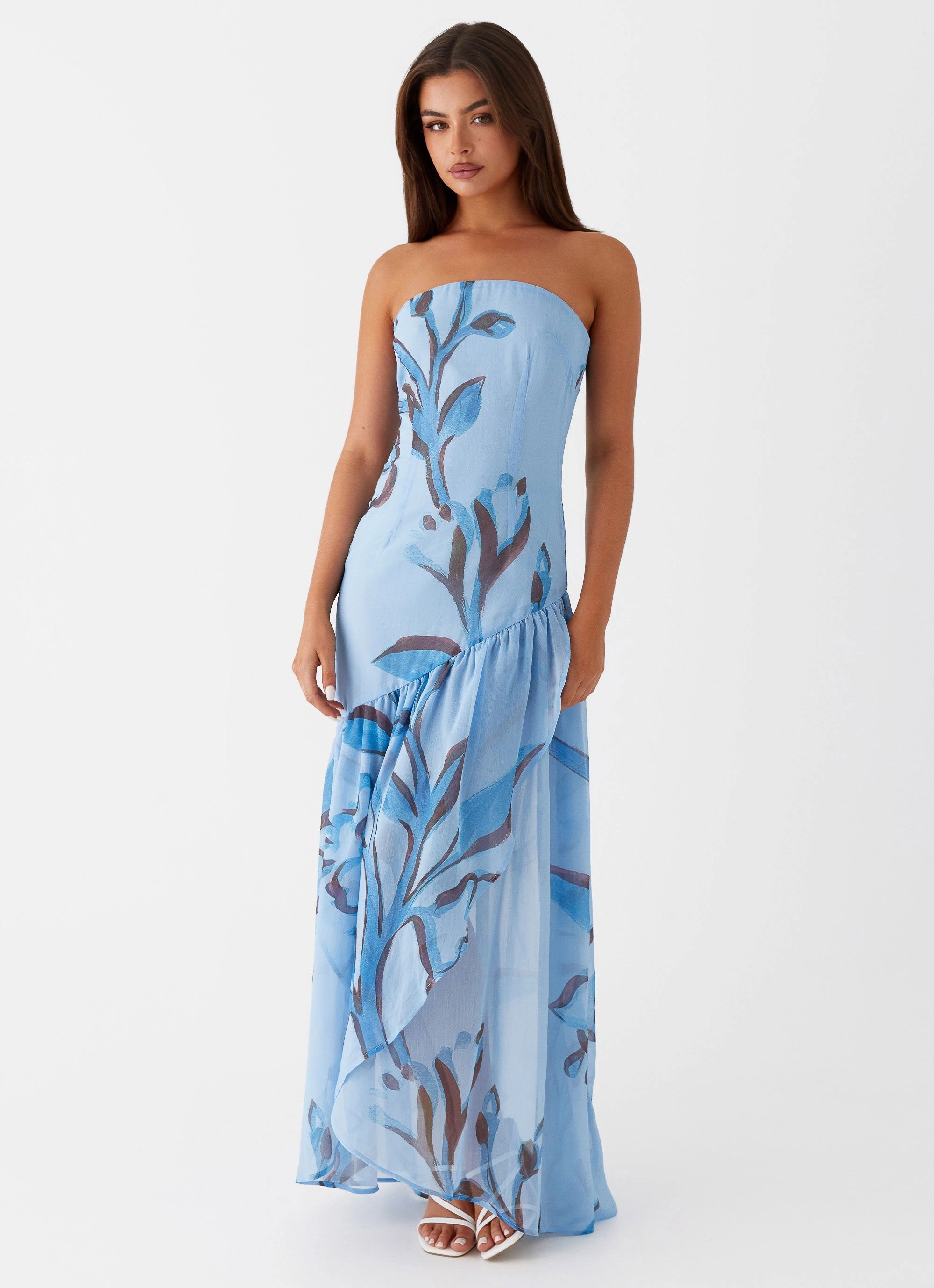 Solaris Strapless Maxi Dress - Blue Floral Rose Soft
