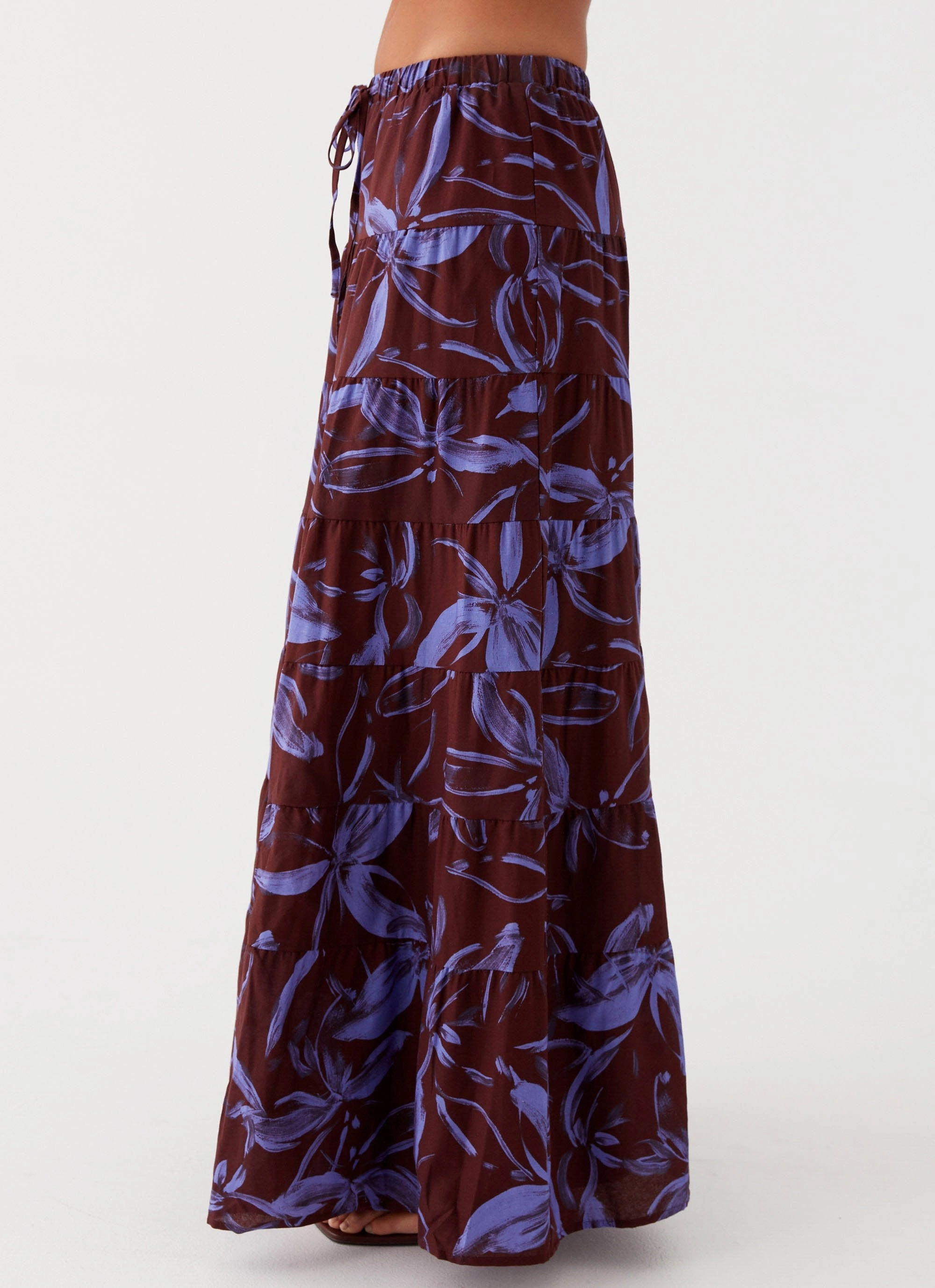 Fresh Look Leg Elongating Mariella Linen Maxi Skirt - Purple Brown Floral