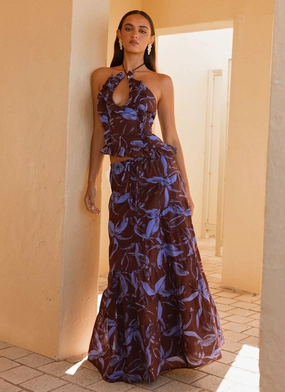 Mariella Linen Maxi Skirt - Purple Brown Floral Fashion Collab
