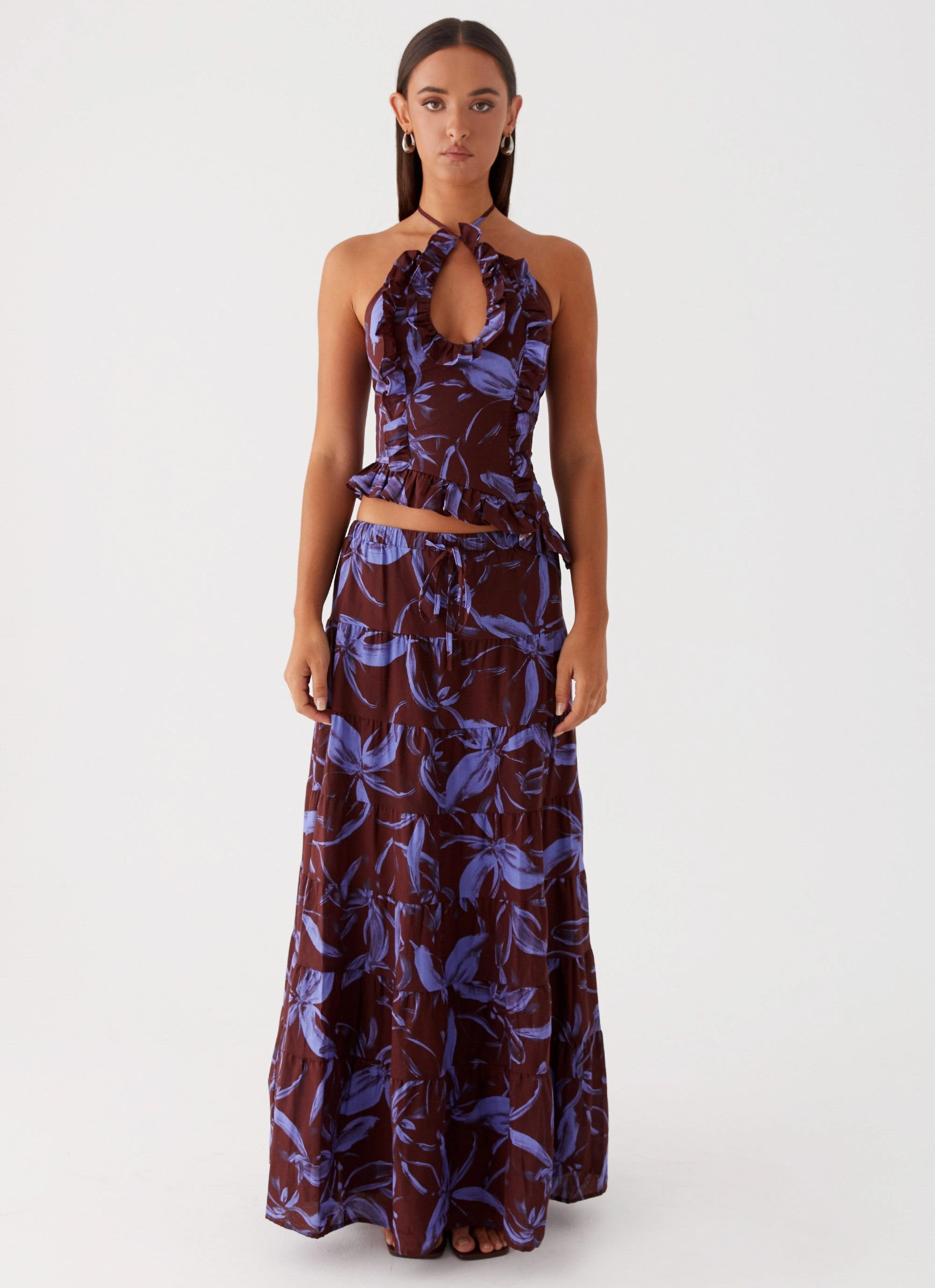Fold Over Detail Mariella Linen Maxi Skirt - Purple Brown Floral