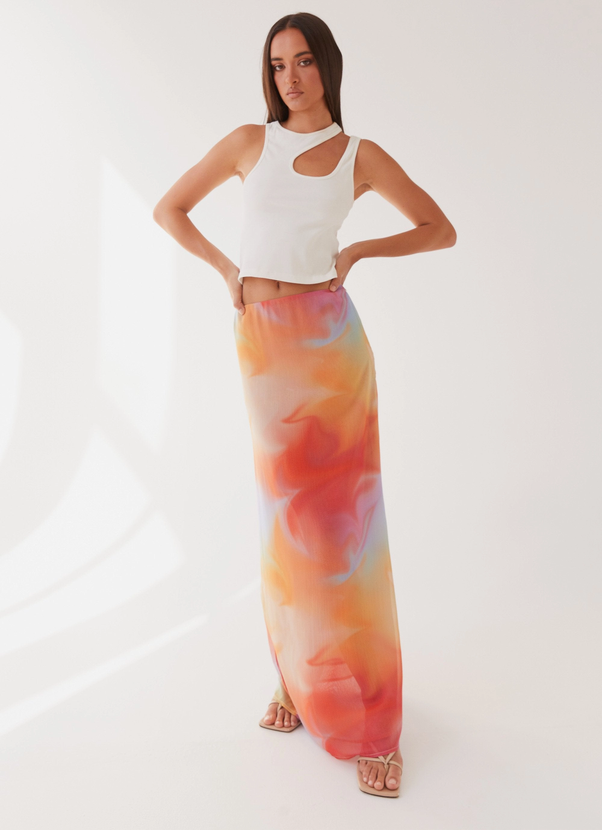 Sunlight Cascade Maxi Skirt - Rainbow Radiance Knitted Fabric