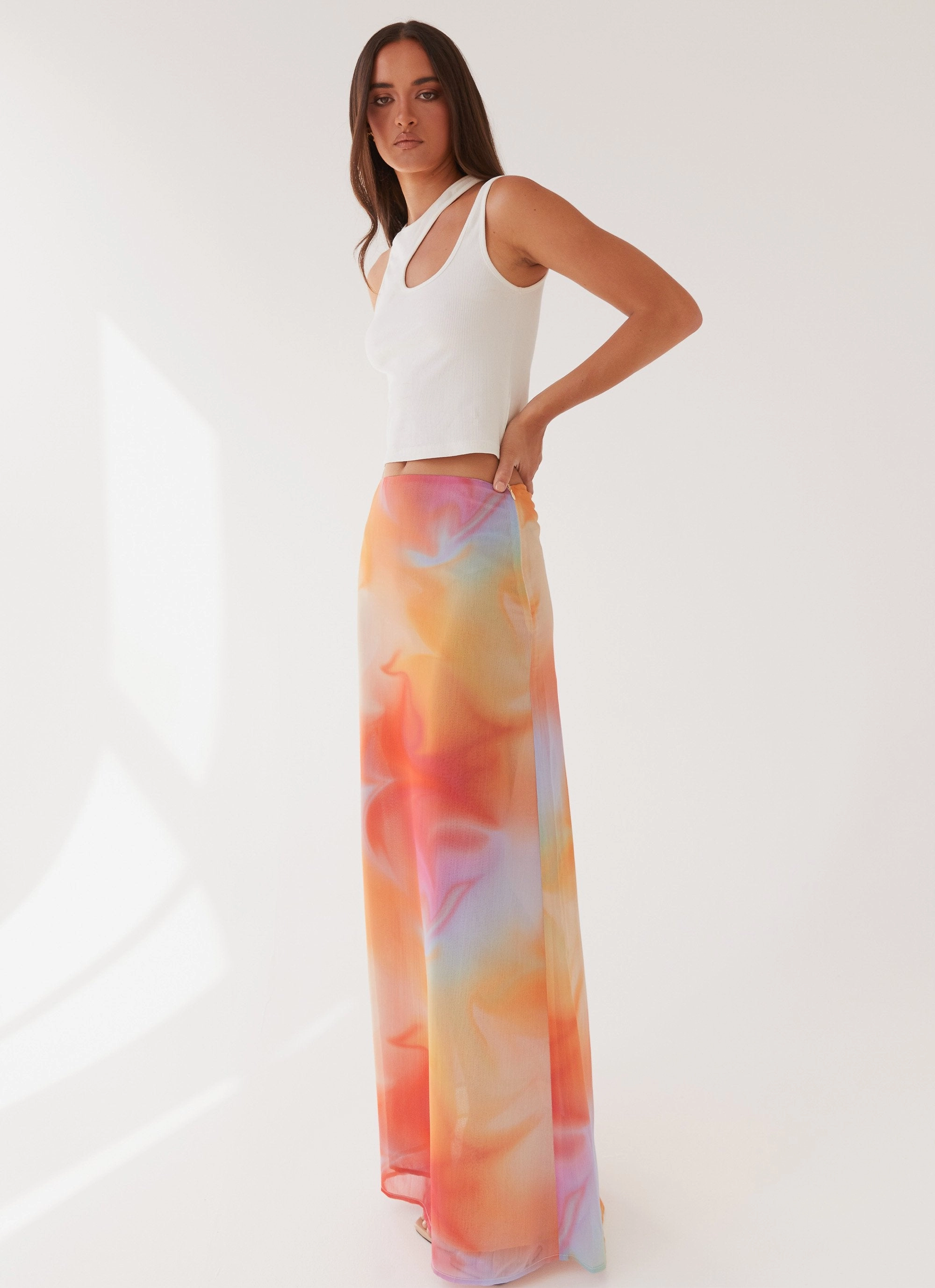 Sunlight Cascade Maxi Skirt - Rainbow Radiance Refined Finish Breezy Mood