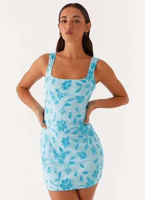 Sweetheart Cut Starlina Square Neck Beaded Mini Dress - Blue