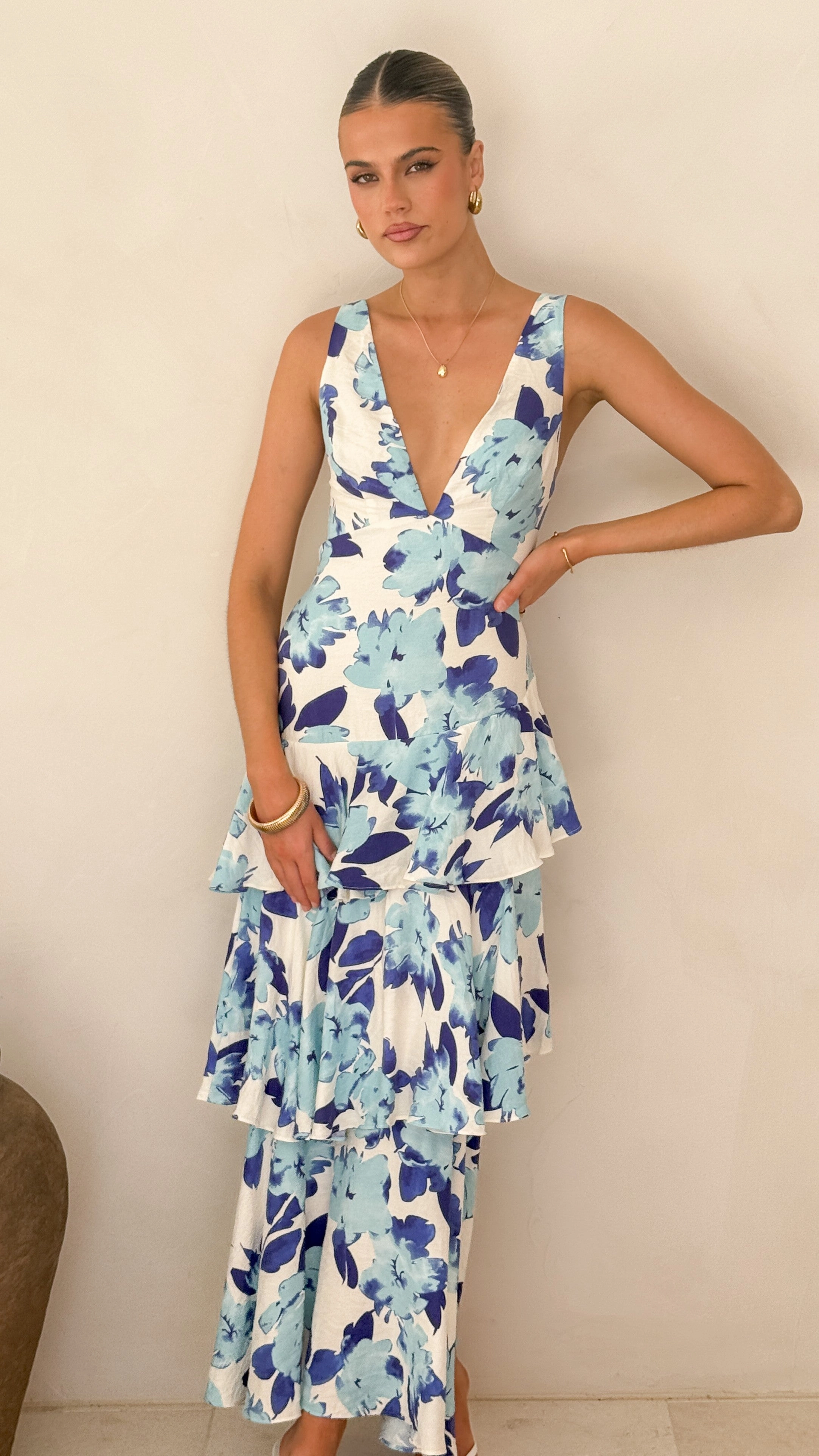 Stasie Maxi Dress - Blue Floral Asymmetric-Neck