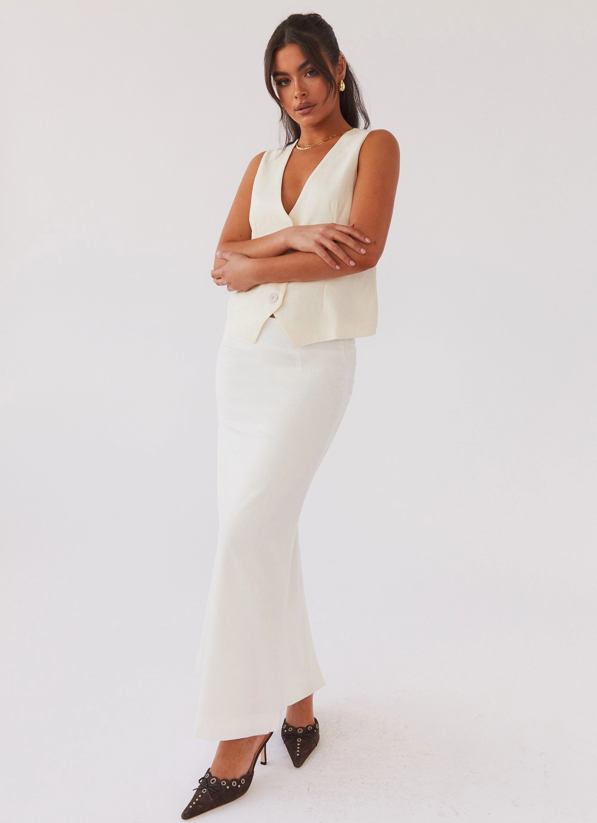 Comfy Look Born For Bordeaux Linen Midi Skirt - White