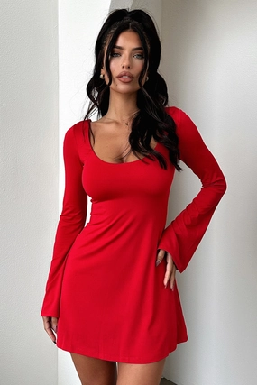 Cozy Base Brunch Outfit Marcia Long Sleeve Dress - Red