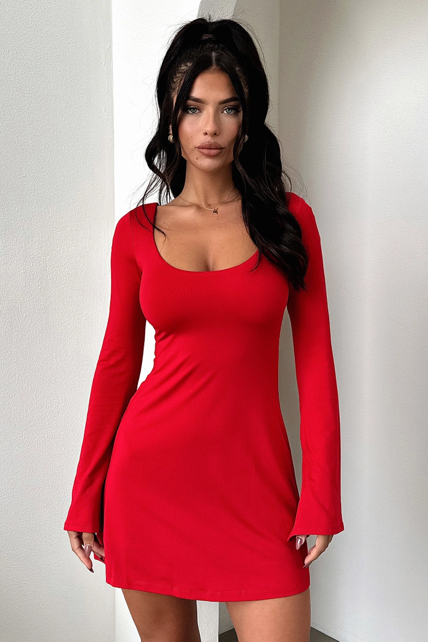 Daywear Mood All Season Style Marcia Long Sleeve Dress - Red