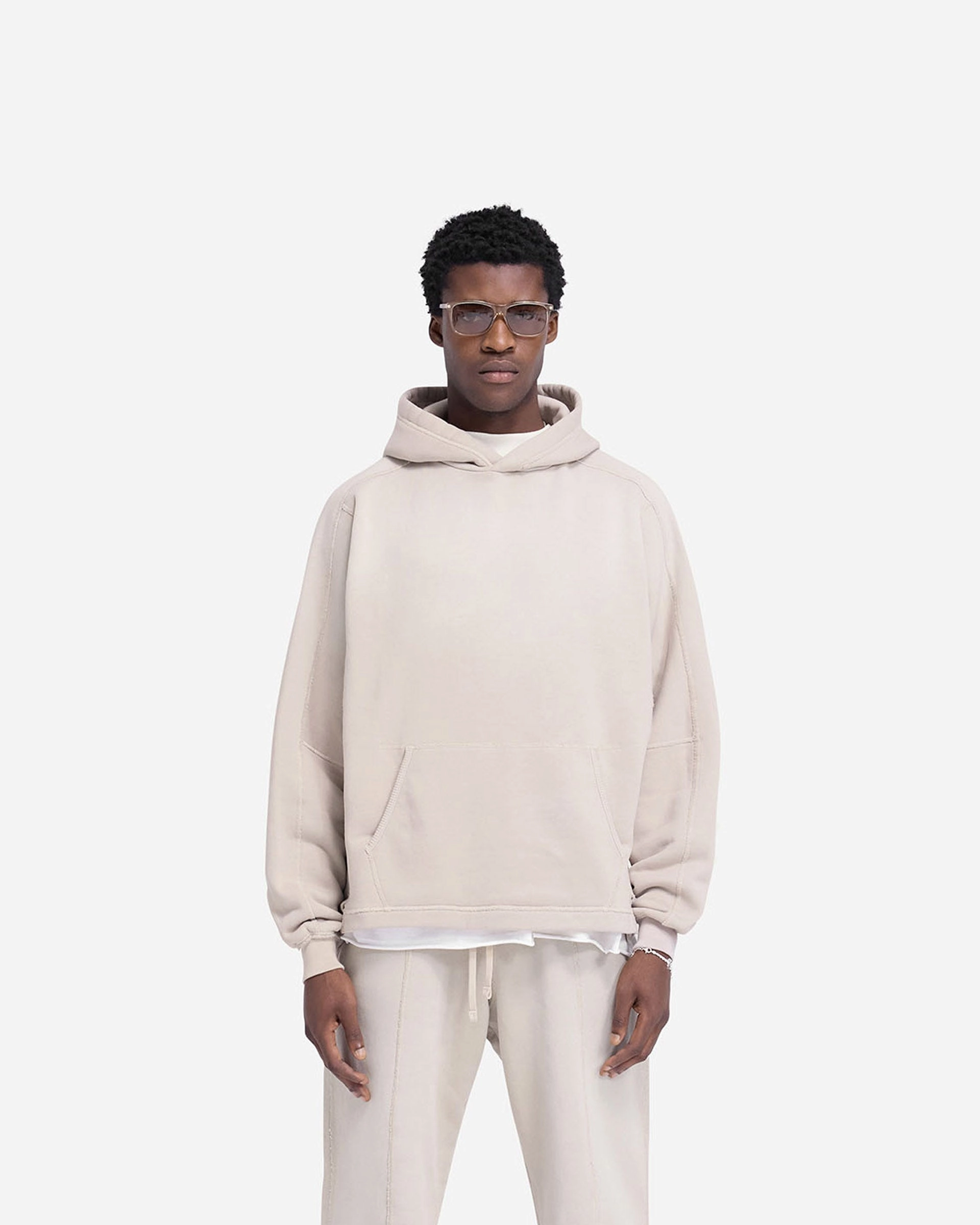 Hidden Pocket Compartments Stepped Hem Hoodie - Oat