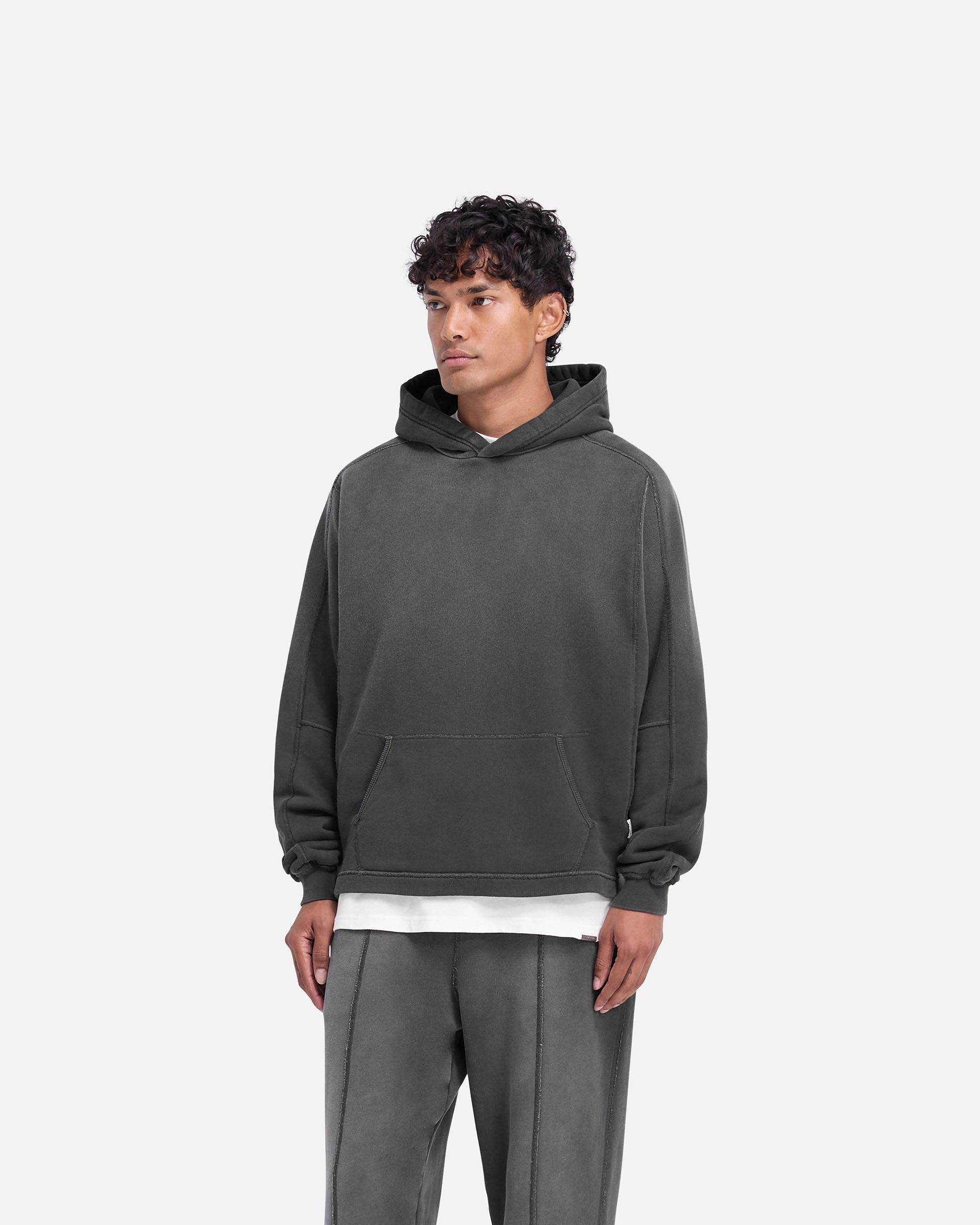 Odor Control Treatment Cozy Inner Layer Stepped Hem Hoodie - Stained Black