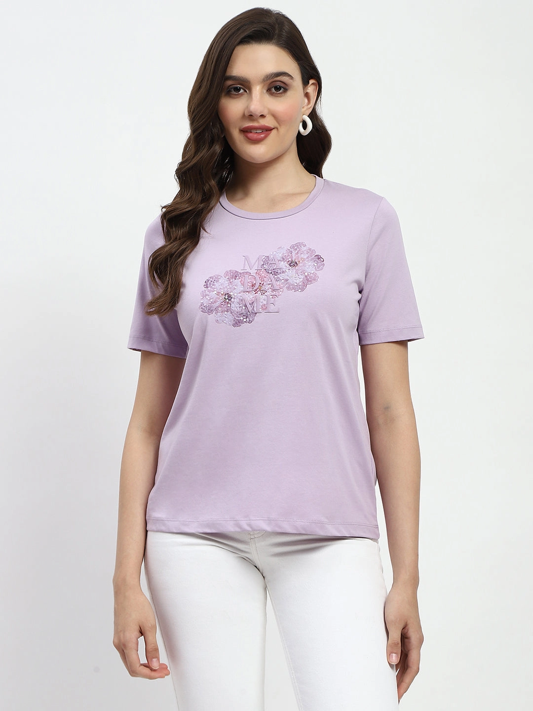 Madame Graphic Printed Mauve Cotton T-Shirt Casual Active Wear Casual All-Day