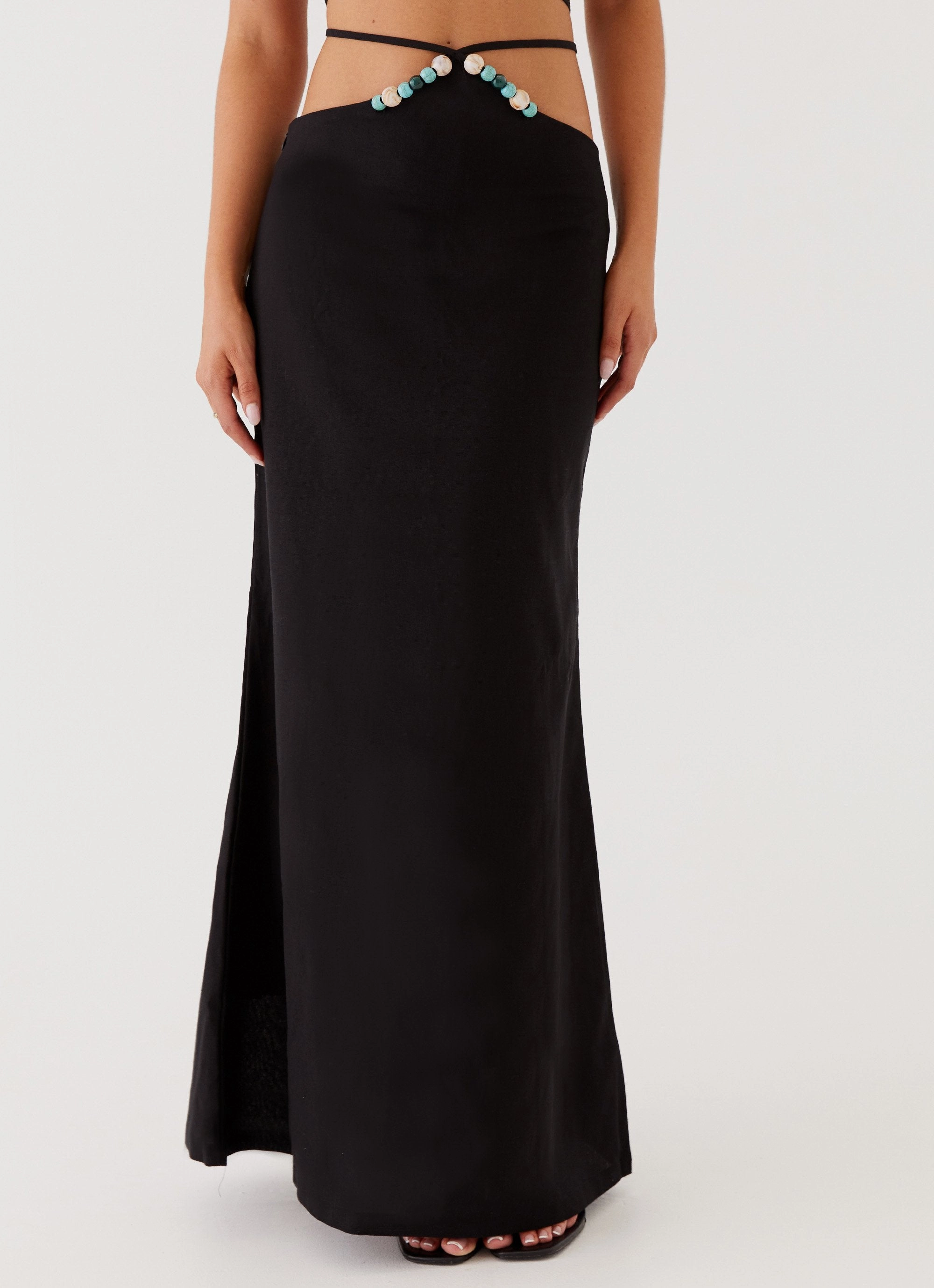 Neveah Beaded Maxi Skirt - Black A Line Silhouette Striped Design