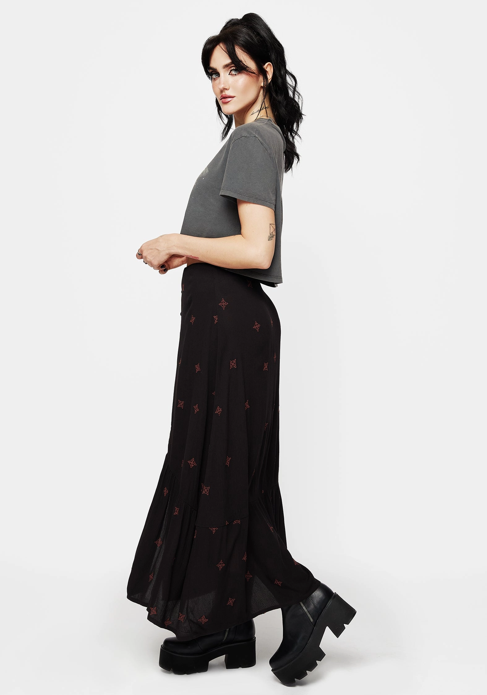 Creative Layering Sublime Witches Knot Embroidered Button Down Midaxi Skirt
