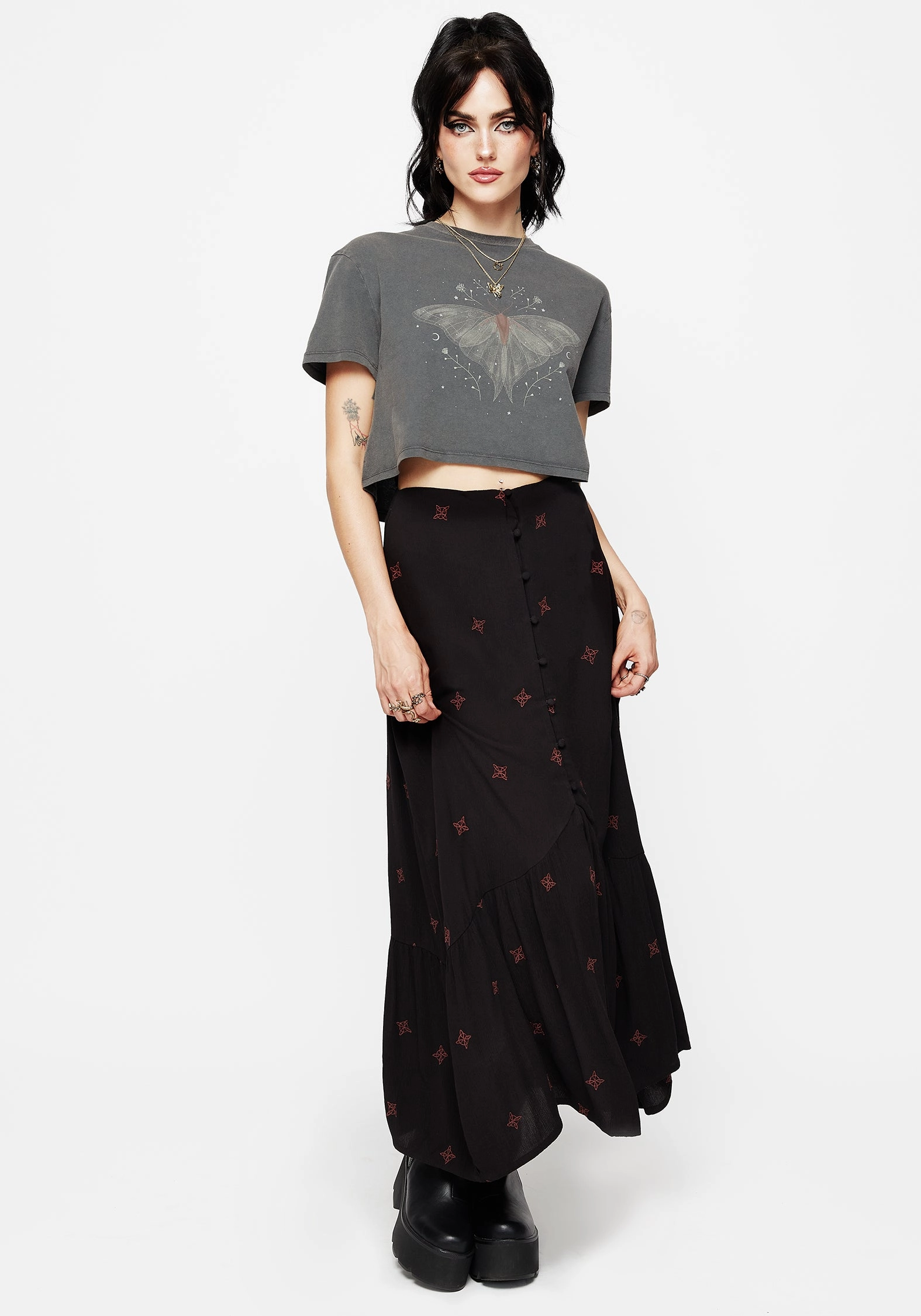 Bold Mood Sublime Witches Knot Embroidered Button Down Midaxi Skirt
