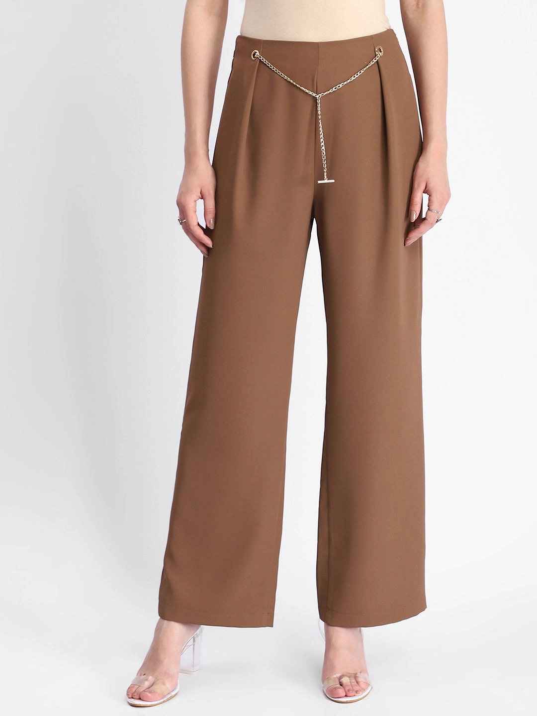 Madame Metal Accessorized Chain Warm Tan Straight Fit Trouser Performance Layer Mesh Lined