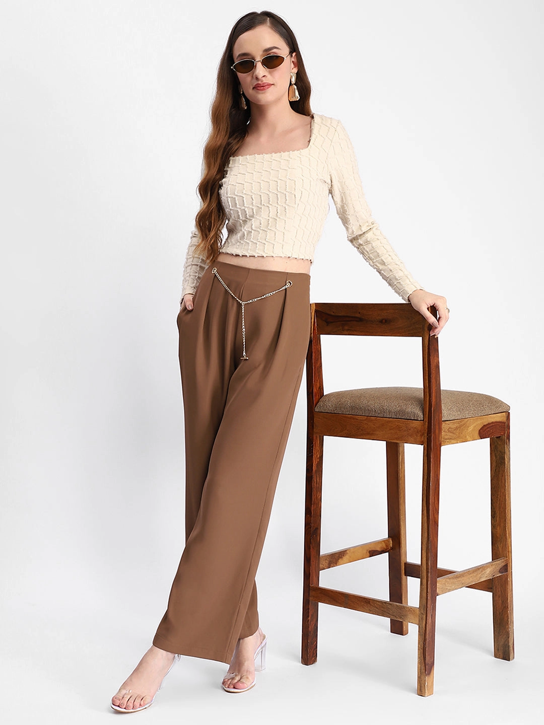 Flexible Waistband Madame Metal Accessorized Chain Warm Tan Straight Fit Trouser