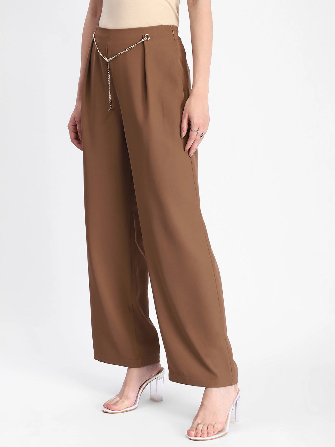 Madame Metal Accessorized Chain Warm Tan Straight Fit Trouser Outdoor Friendly Layer Friendly