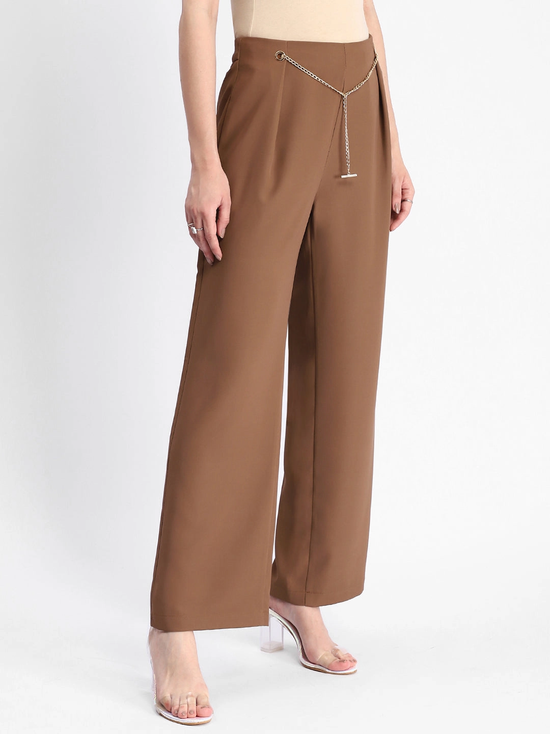 Madame Metal Accessorized Chain Warm Tan Straight Fit Trouser High Density Weave
