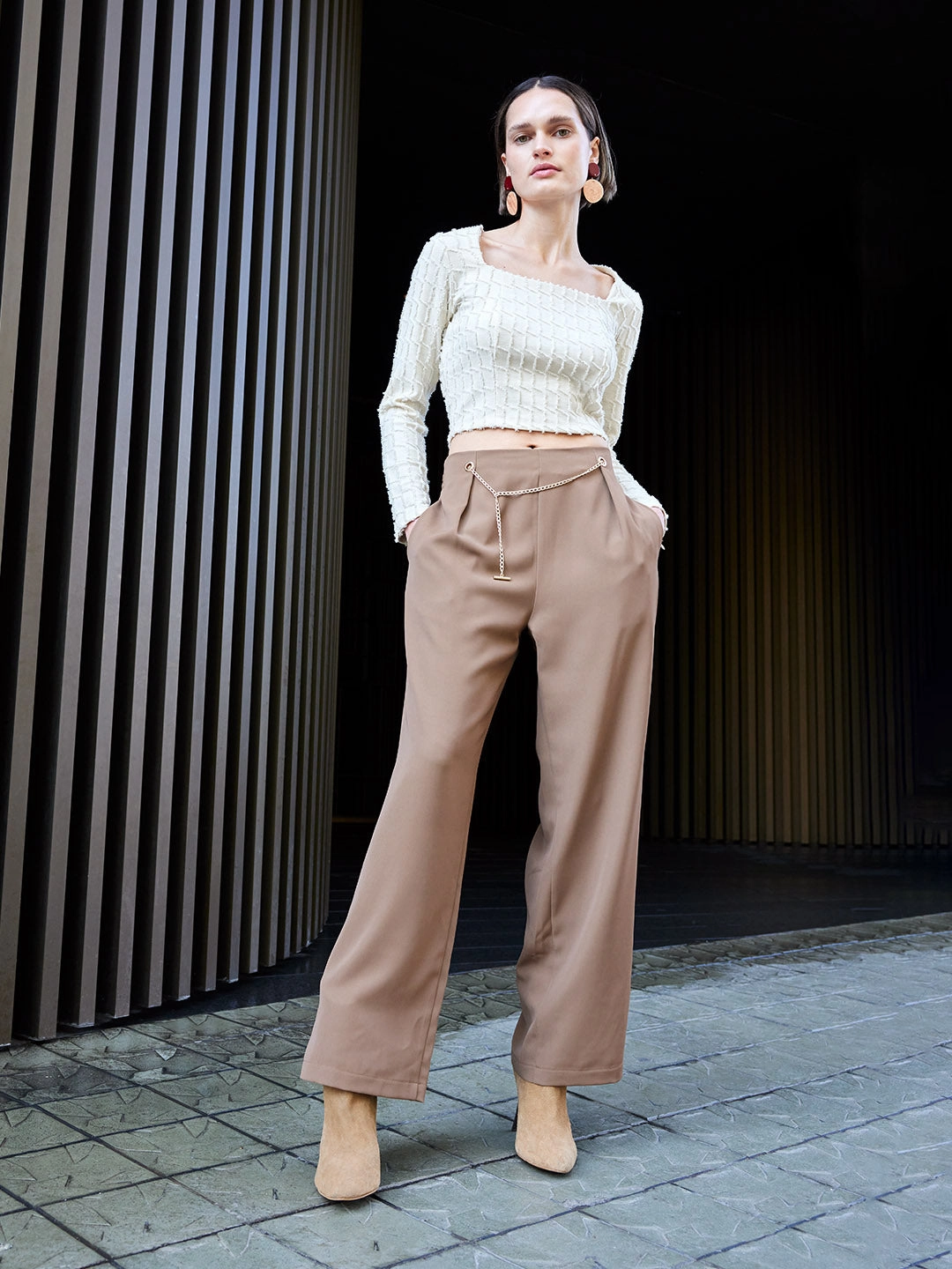 Loose Design All-day Flex Madame Metal Accessorized Chain Warm Tan Straight Fit Trouser