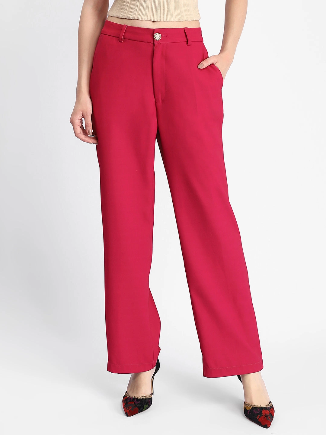Bold Design High Waist Stretch Madame Straight Fit Flared Hot Pink Trousers