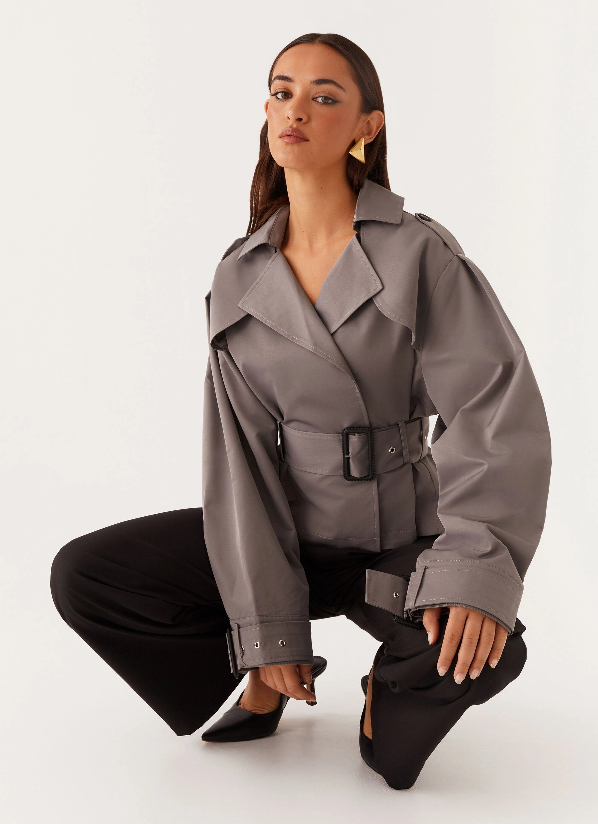 Three Layer Laminate Belted Waist Boston Cropped Trench Coat - Charcoal