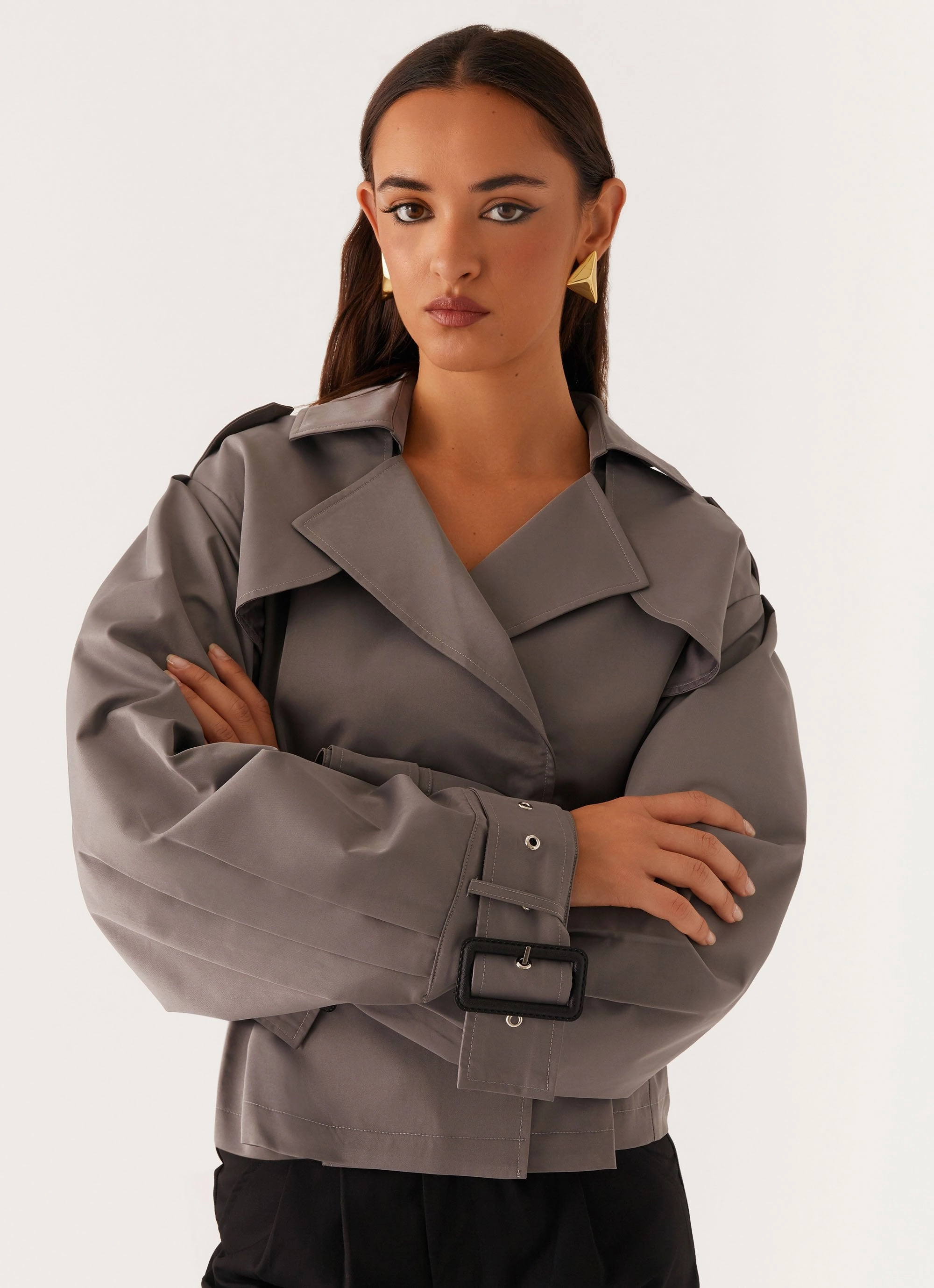 Boston Cropped Trench Coat - Charcoal Windproof Inner Layer