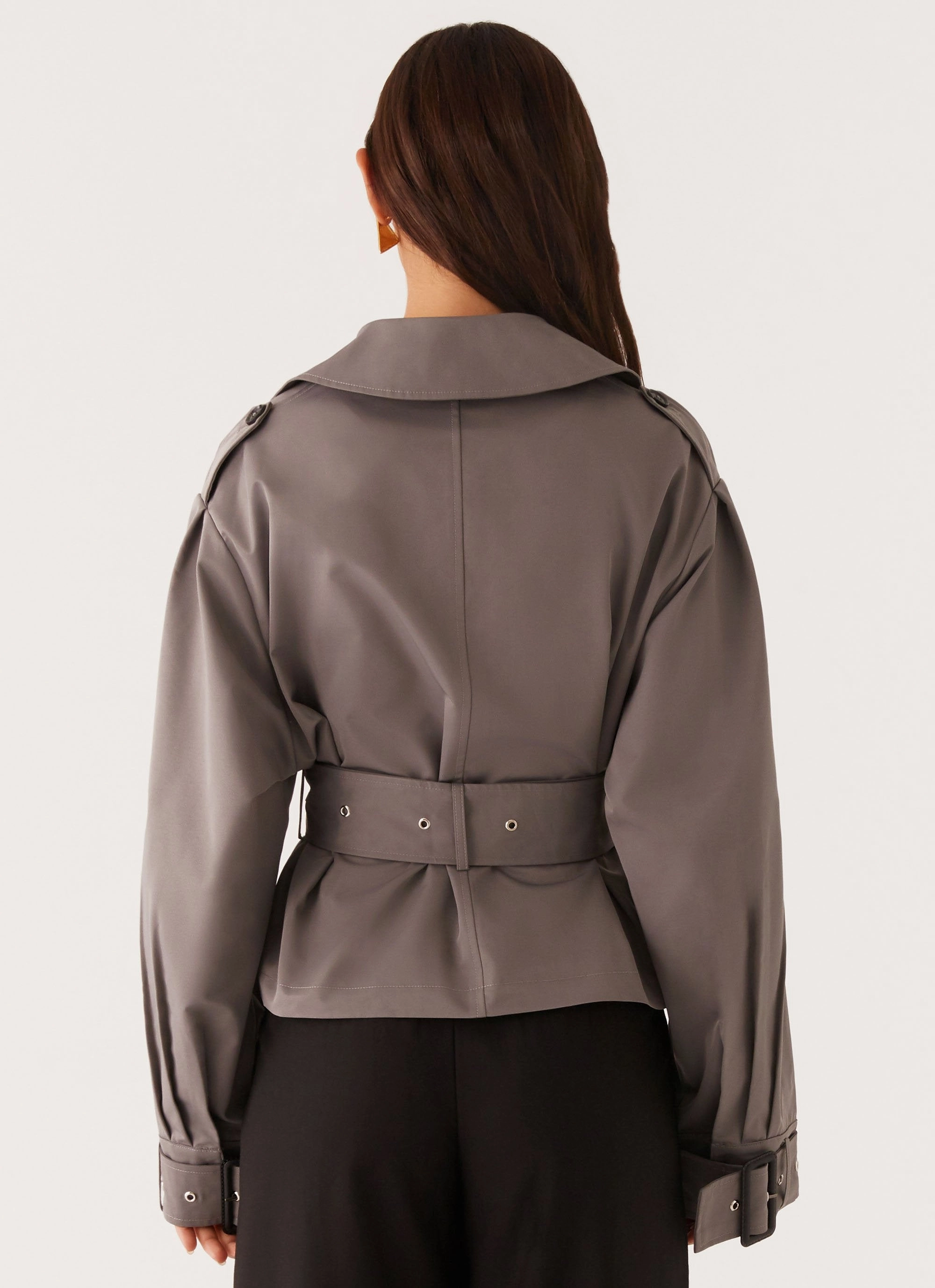 Boston Cropped Trench Coat - Charcoal RecycledPolyester Bonded Seam Construction