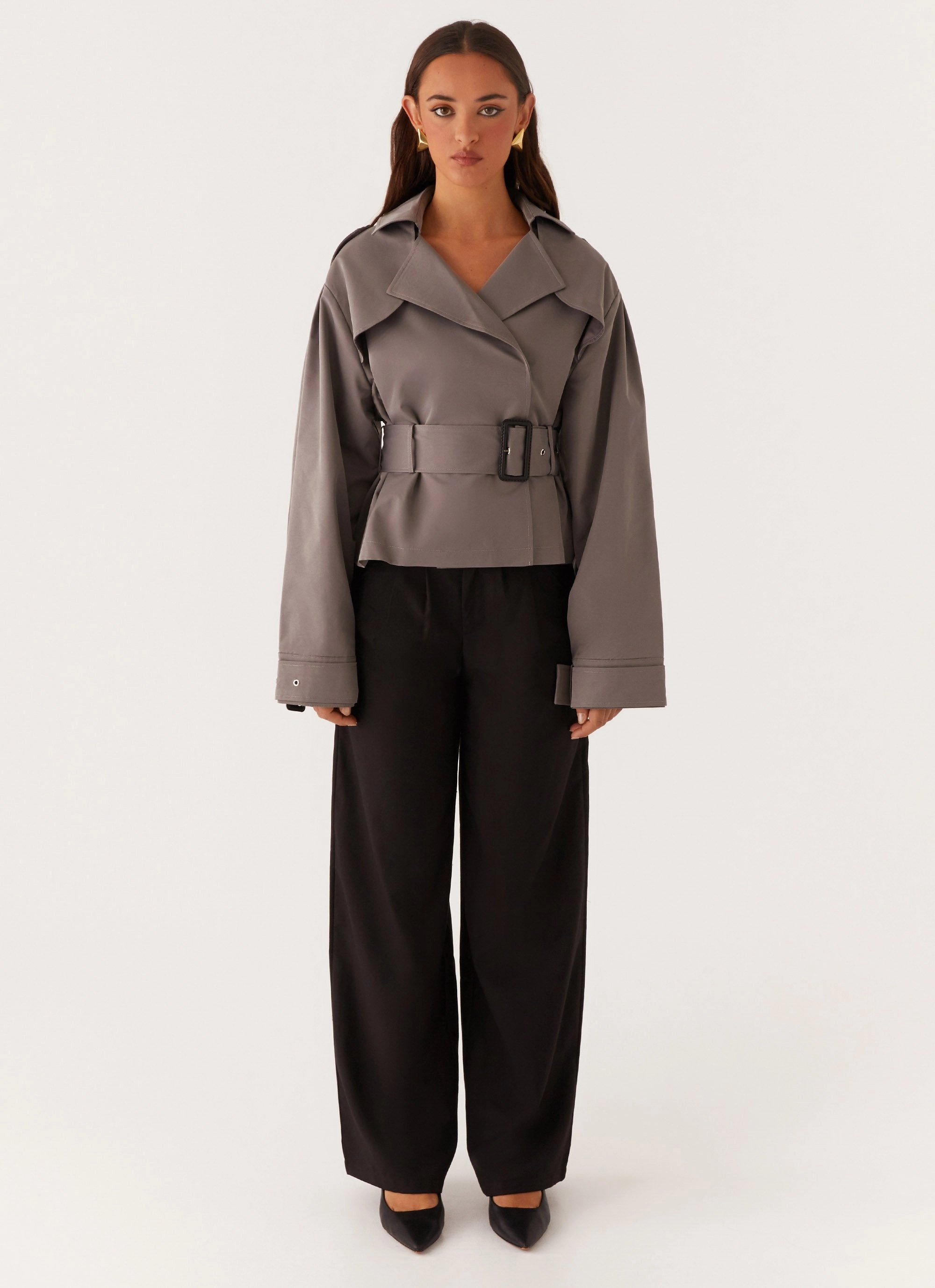 Boston Cropped Trench Coat - Charcoal Cozy Comfort