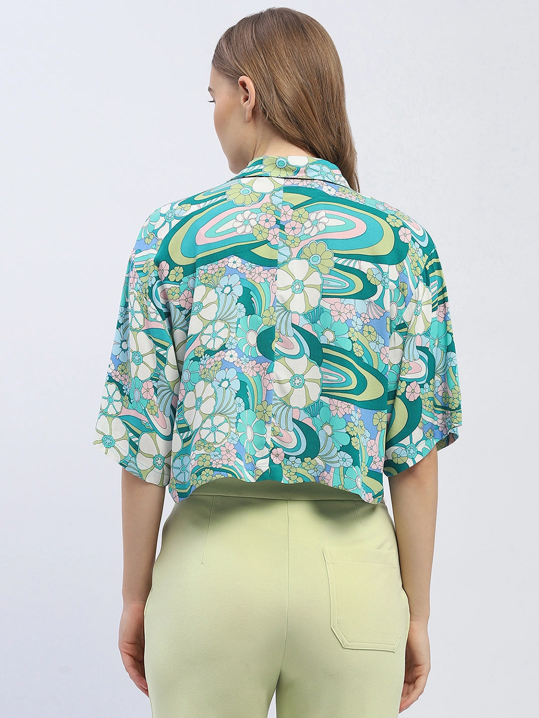 Tuckable Hem Madame Graphic Print Dark Green Half Sleeve Shirt