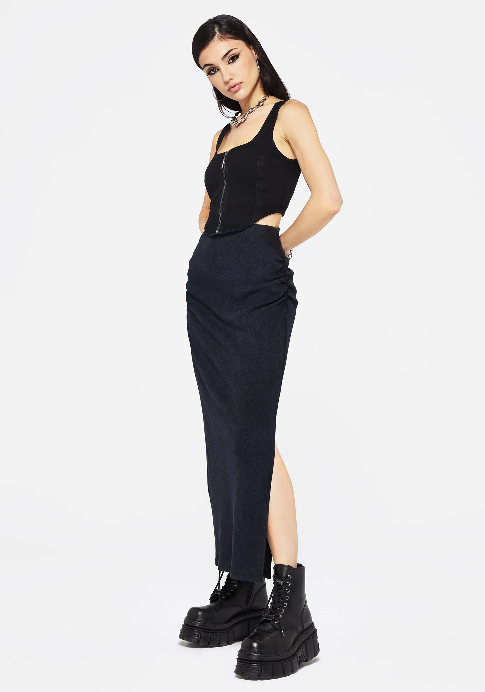 Christina Washed Rib Cotton Maxi Skirt Ruching Details