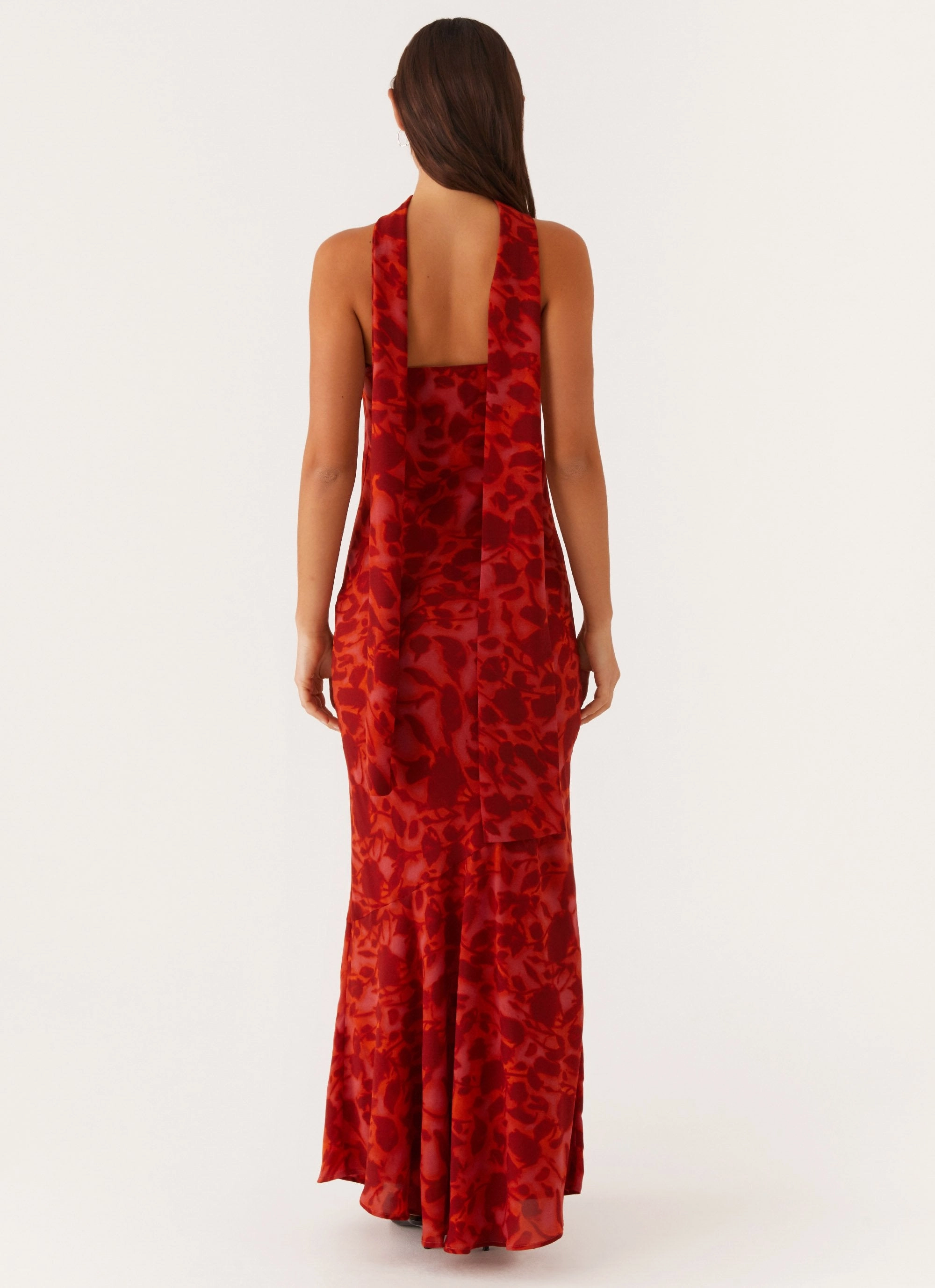 Under The Pagoda Maxi Dress - Deep Red Floral Elastic-Cuff Modern Lines
