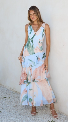All-Day Wear Date-Night Reina Tiered Maxi Dress - Blue Floral