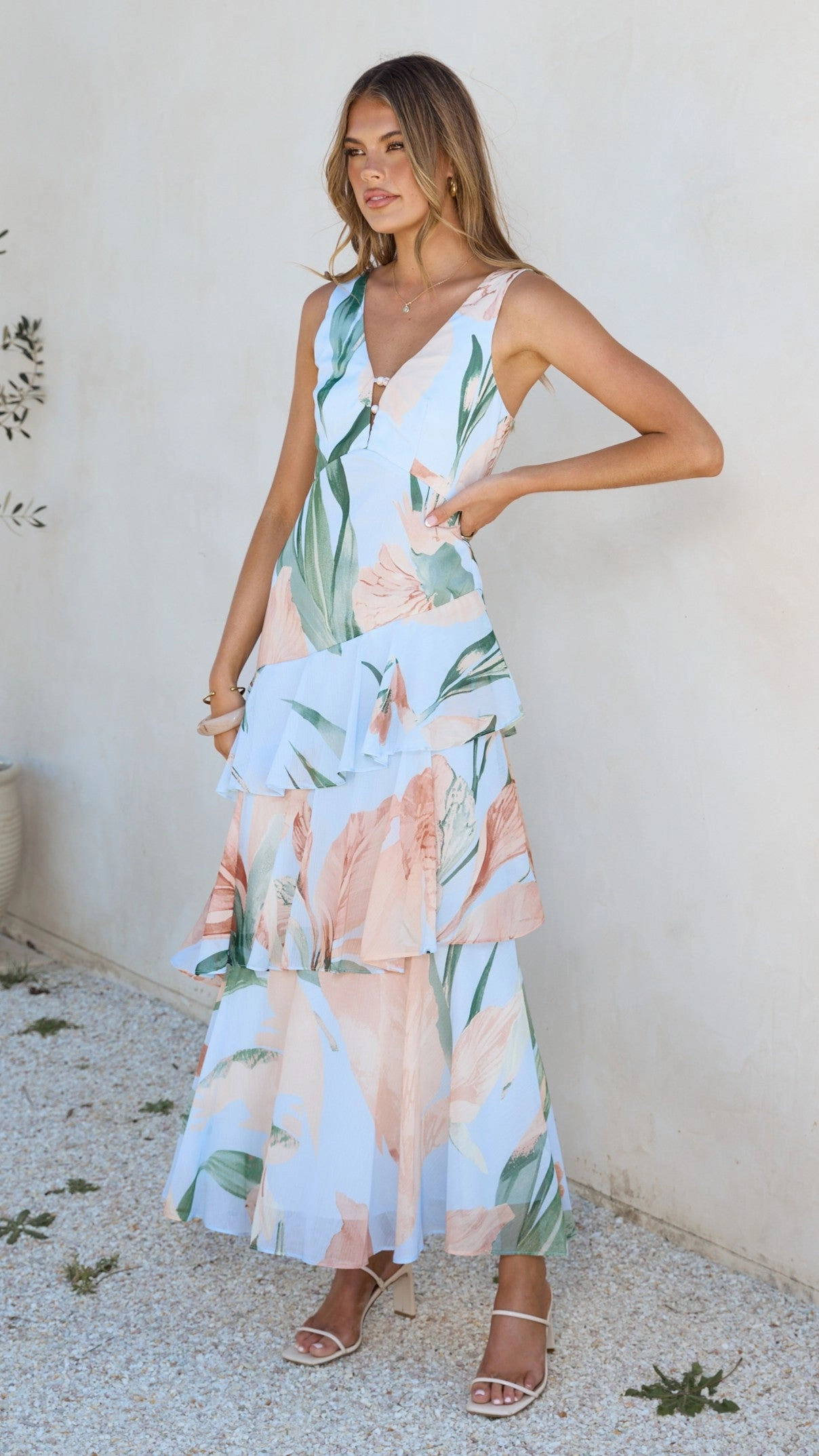 Wedding guest Reina Tiered Maxi Dress - Blue Floral