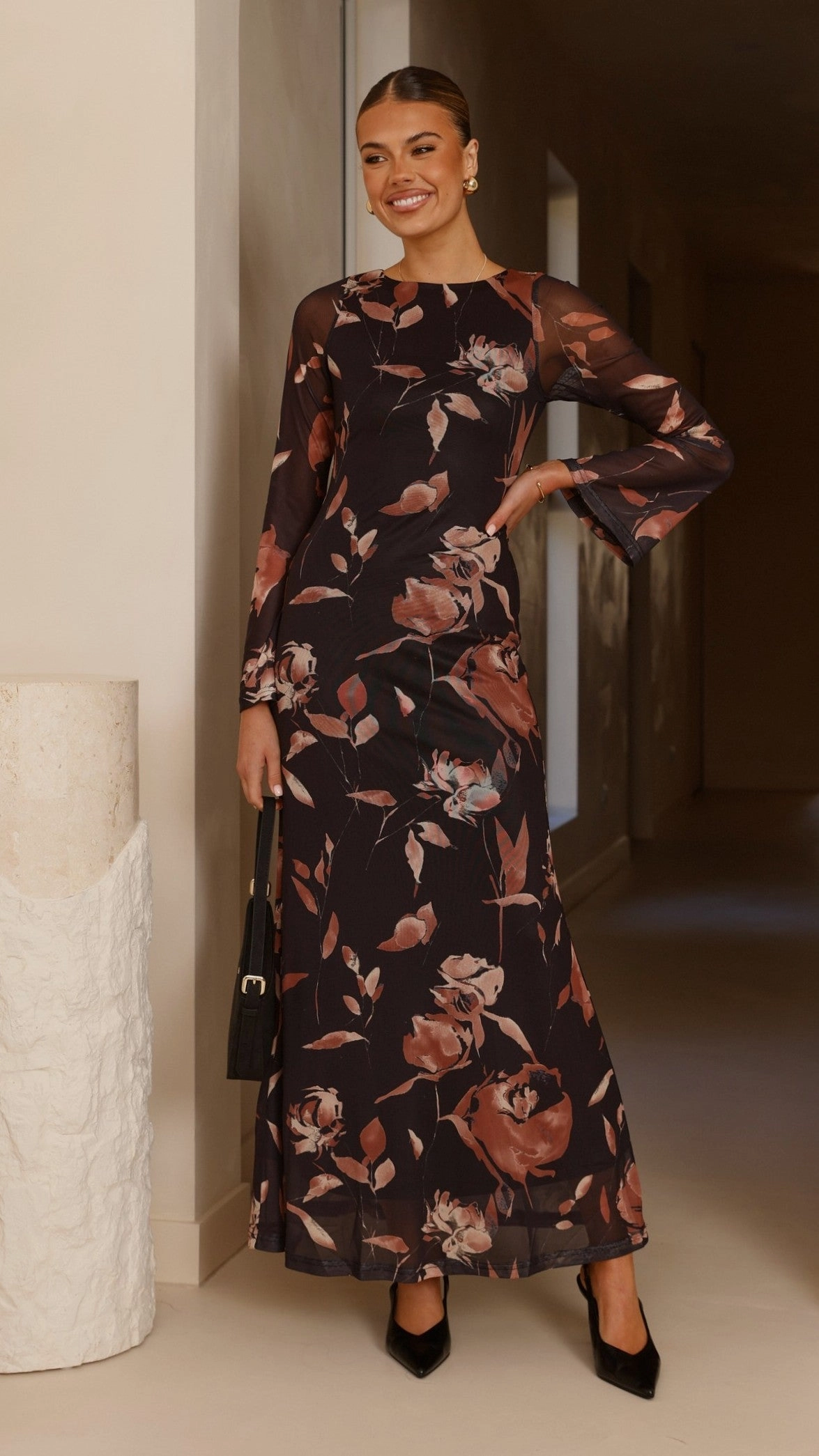 Stylish Line Lightweight Feel Koah Long Sleeve Maxi Dress - Flower Print