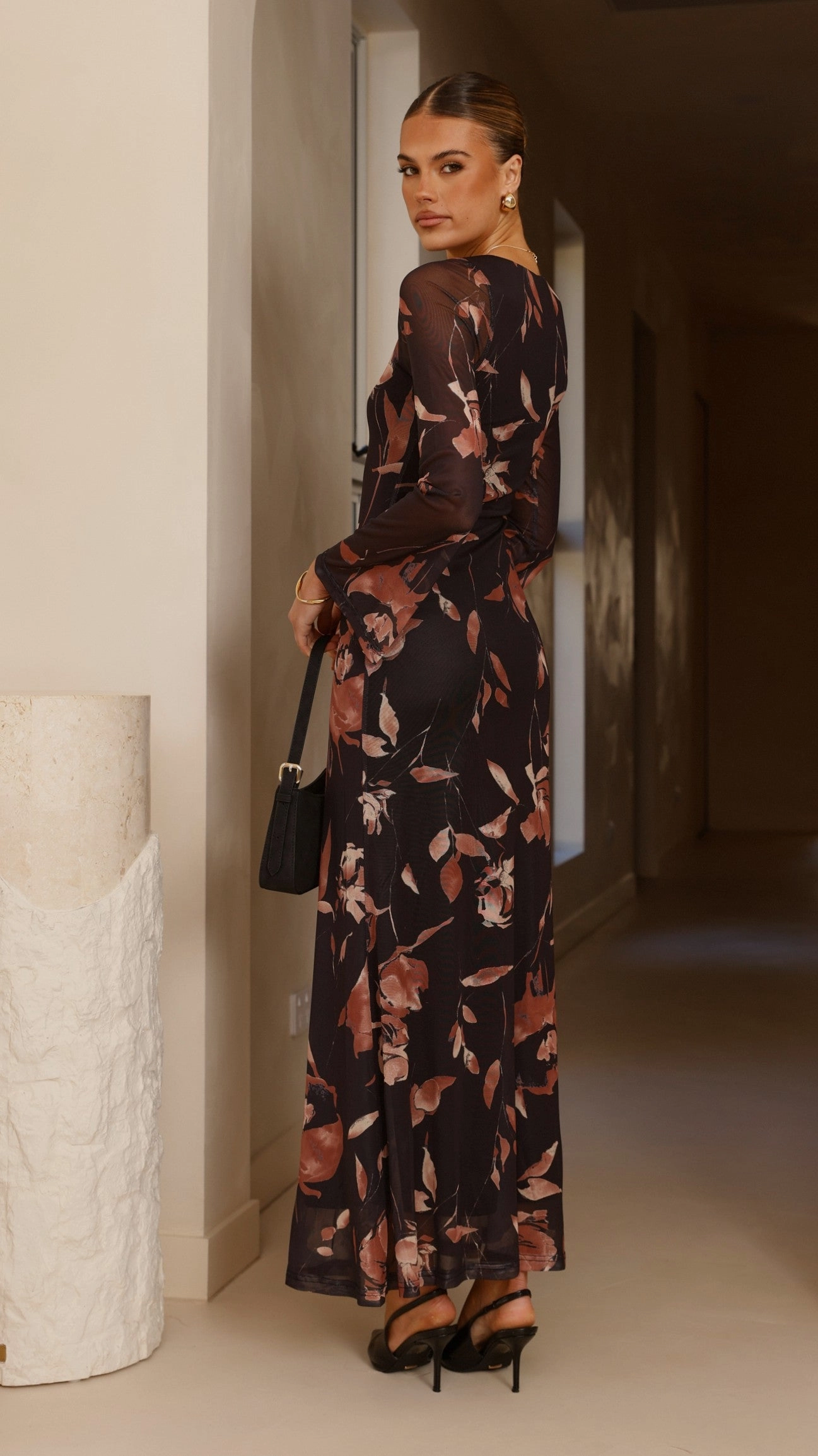 Koah Long Sleeve Maxi Dress - Flower Print Deep Hue Chic Design