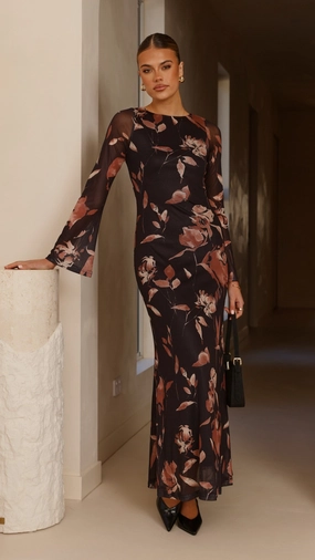 Koah Long Sleeve Maxi Dress - Flower Print Comfortable Wear Soft Cut