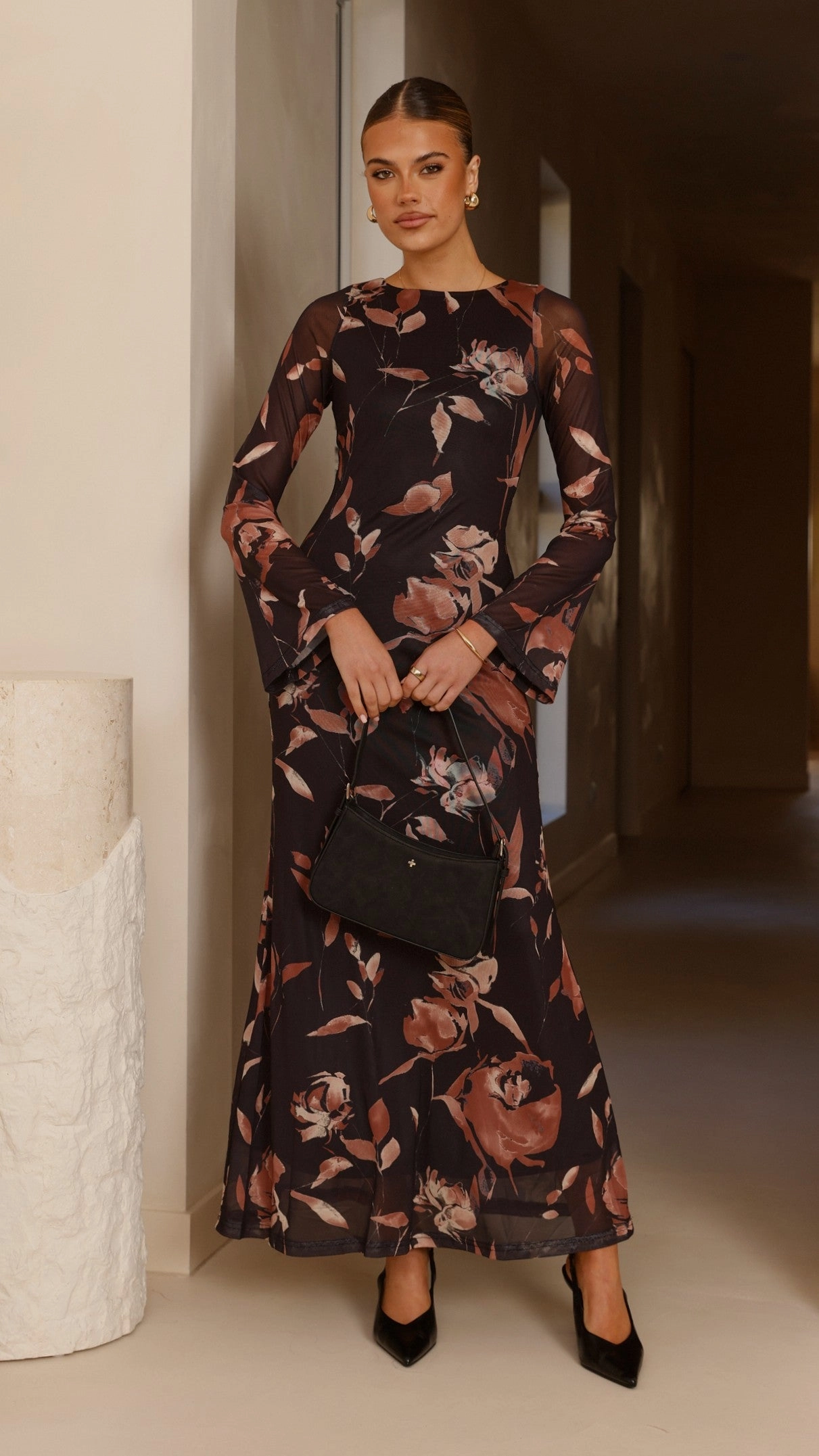 Koah Long Sleeve Maxi Dress - Flower Print Flattering Waist Design Fit Wrap Glow