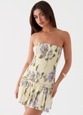 Easy Draping Perfect For Any Occasion Break From Toronto Linen Mini Dress - Yellow Purple Floral
