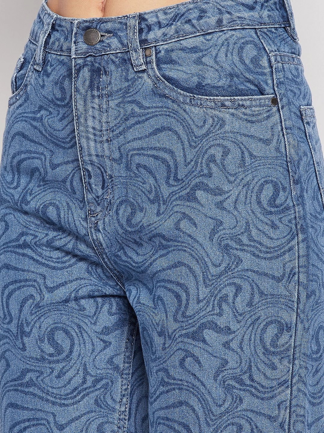 Madame Blue Printed Denim Crisp Look Basic Comfort