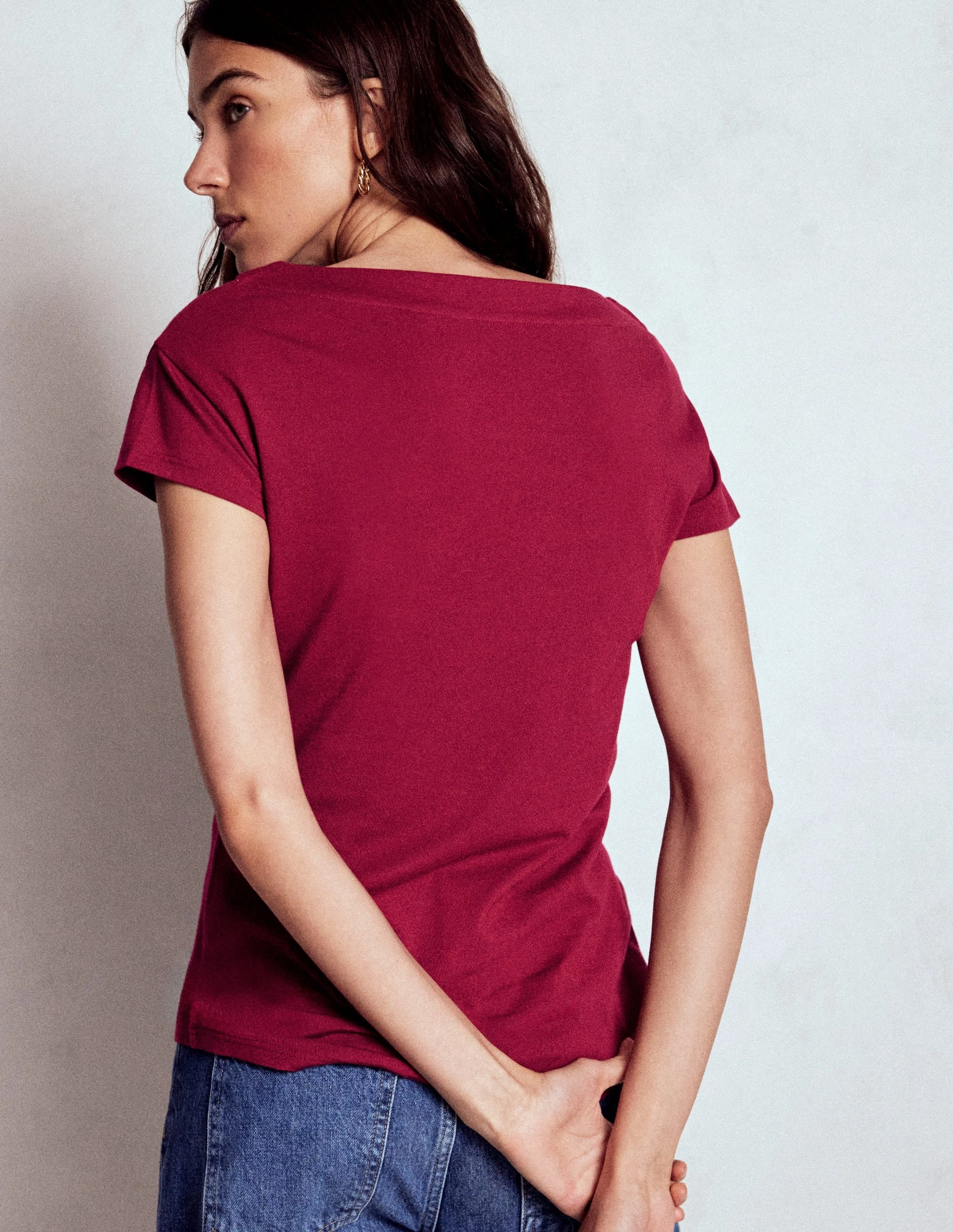 FoamReinforcedCollar Reflective accents Supersoft Boat Neck T-Shirt-Burgundy Red