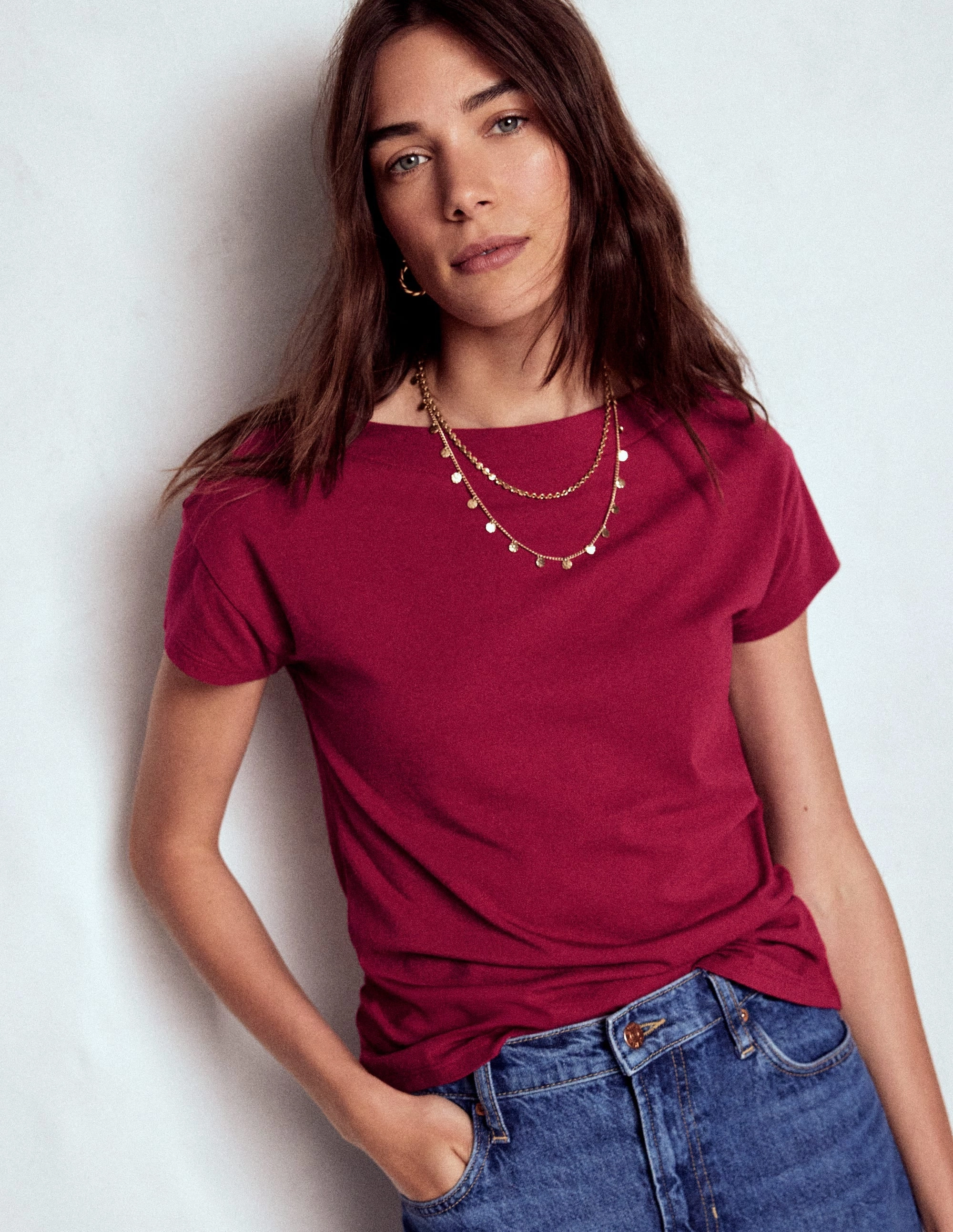 FrictionResistant Edges Supersoft Boat Neck T-Shirt-Burgundy Red