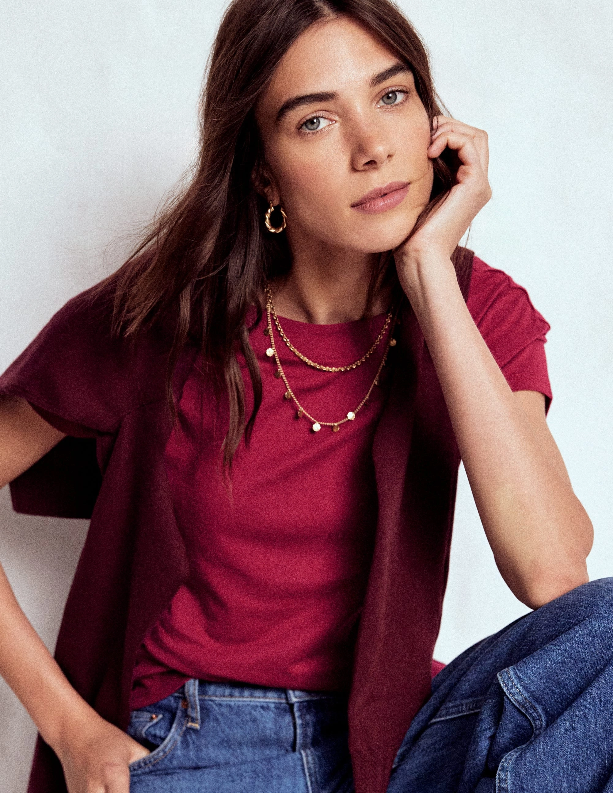 Antistatic Bound Seam Edges Supersoft Boat Neck T-Shirt-Burgundy Red