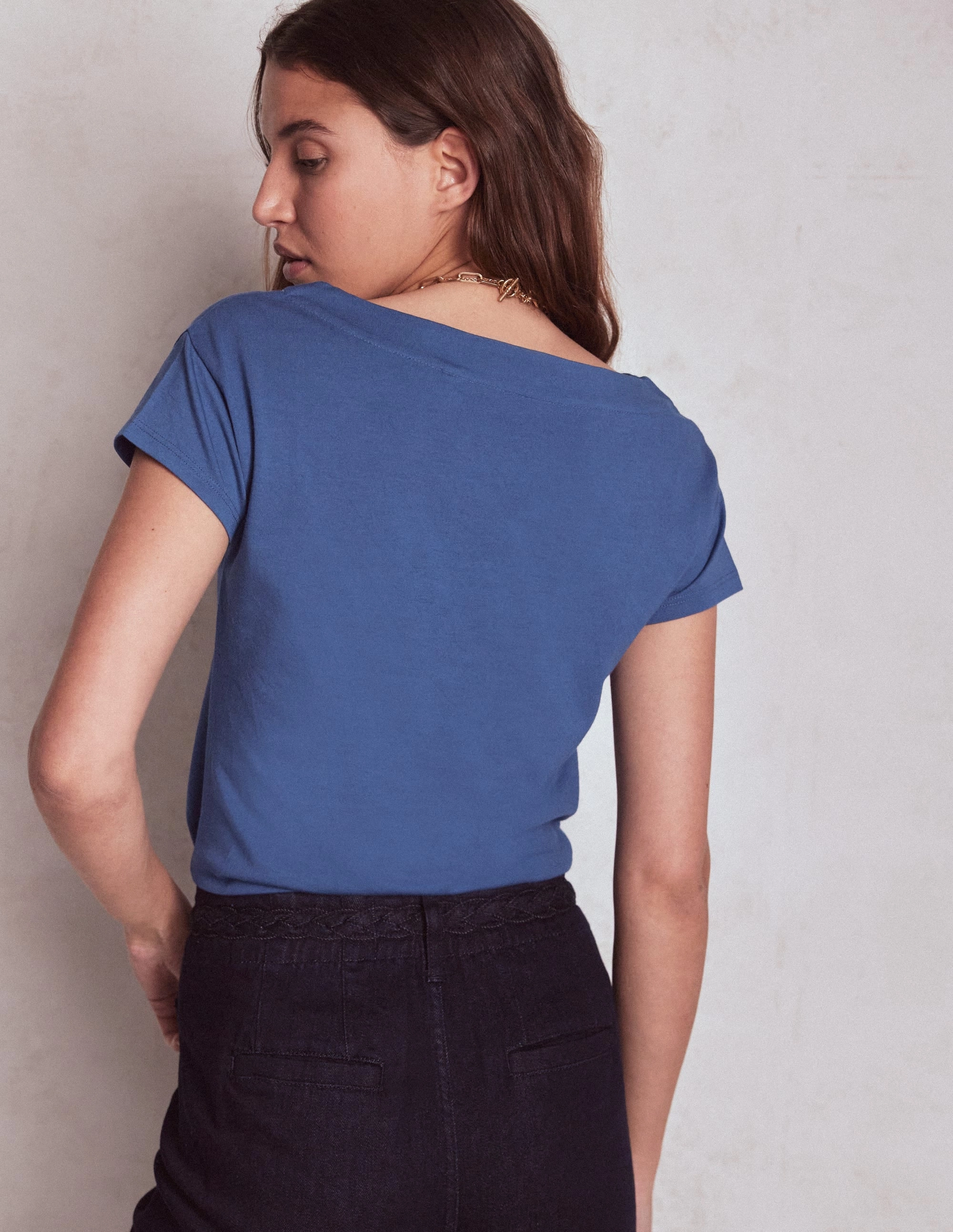 Supersoft Boat Neck T-Shirt-Denim Blue Yarn Dyed Fabric All Purpose Casual Cut